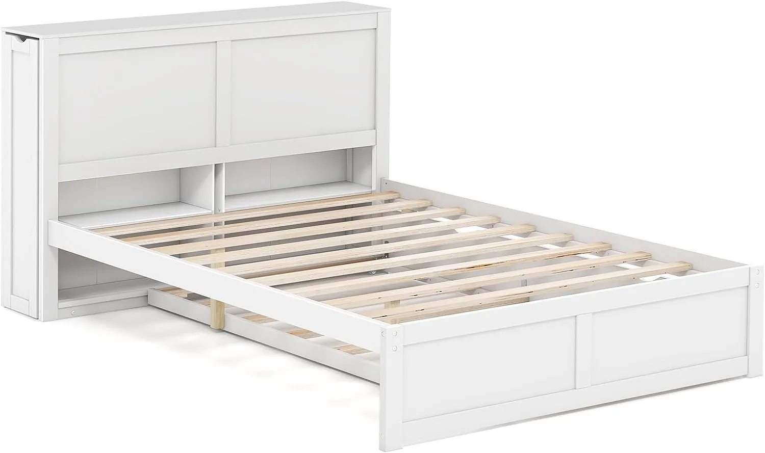 Giantex Full Bed Frame with Twin Trundle, Wooden Bed Wooden Bed Frame with 2 Rolling Bookcases & High Headboard bed frame, queen bed