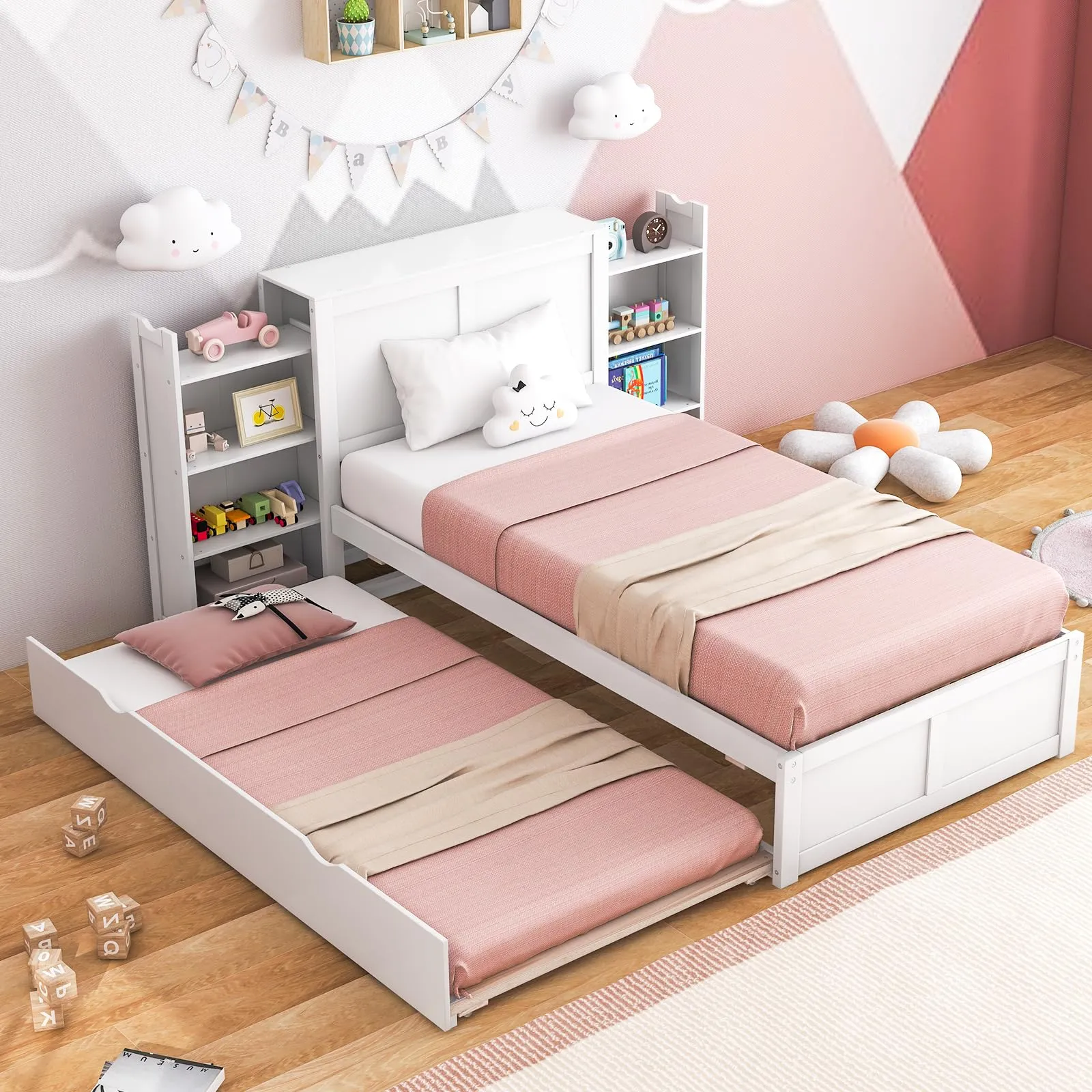 Giantex Full Bed Frame with Twin Trundle, Wooden Bed Wooden Bed Frame with 2 Rolling Bookcases & High Headboard