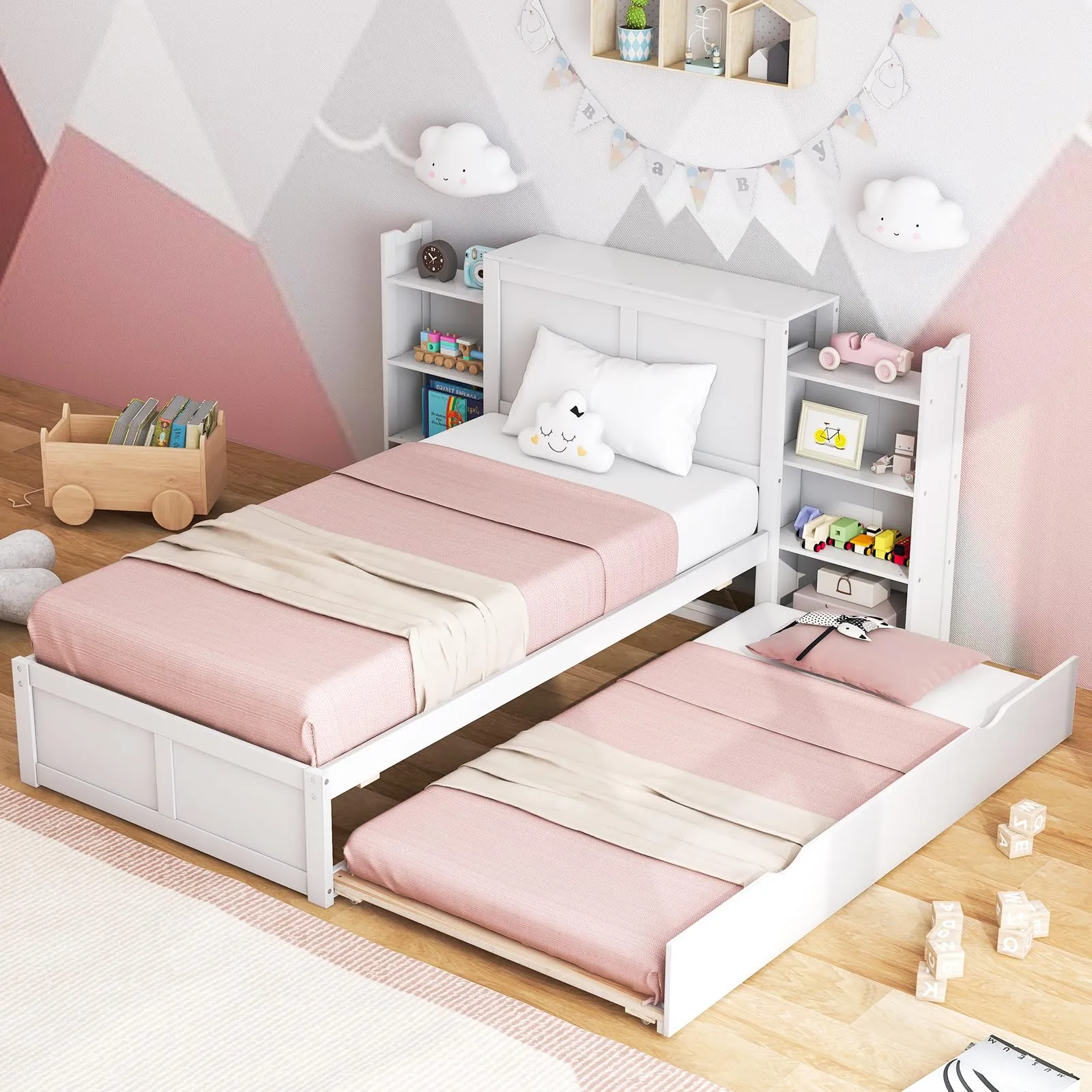 Giantex Full Bed Frame with Twin Trundle, Wooden Bed Wooden Bed Frame with 2 Rolling Bookcases & High Headboard