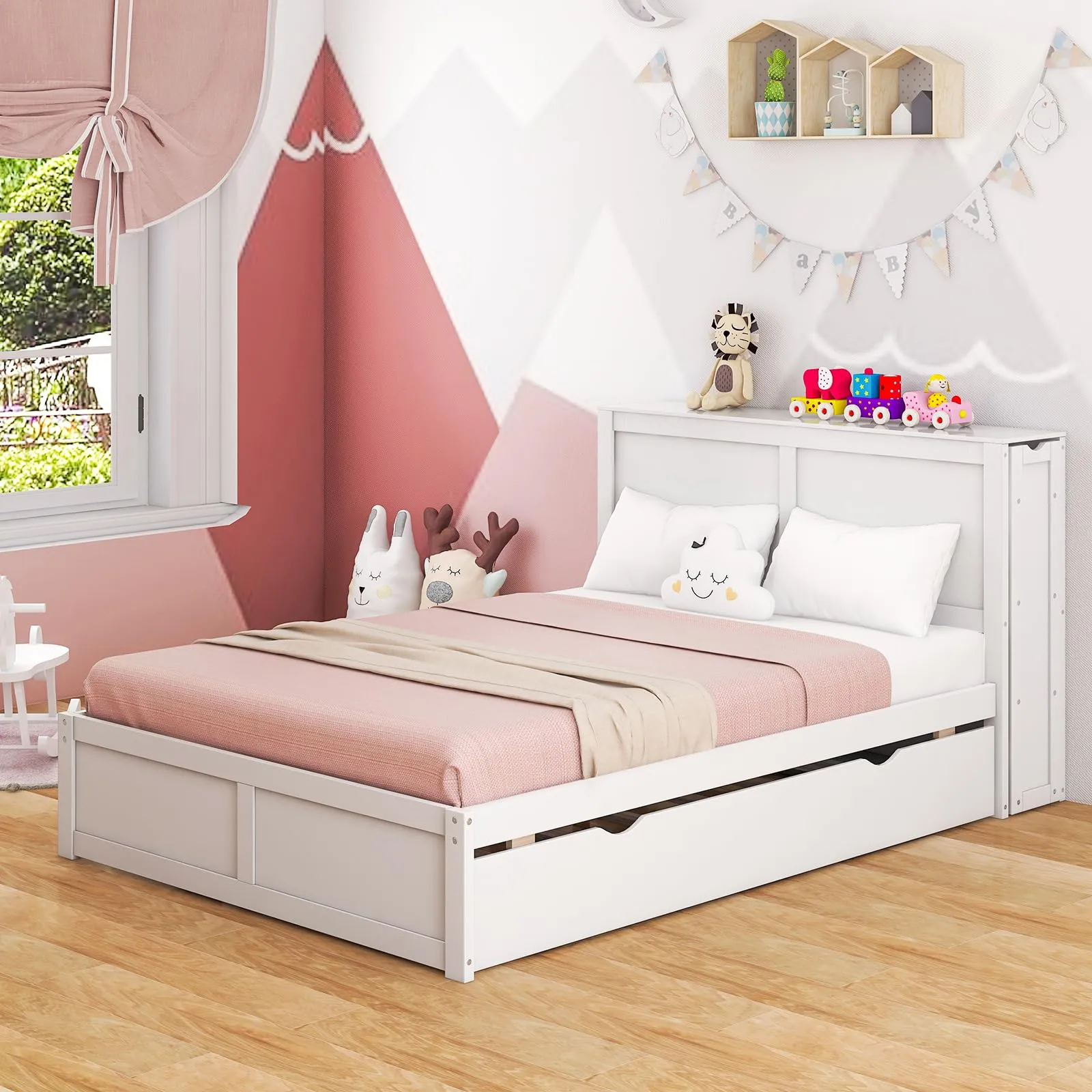 Giantex Full Bed Frame with Twin Trundle, Wooden Bed Wooden Bed Frame with 2 Rolling Bookcases & High Headboard
