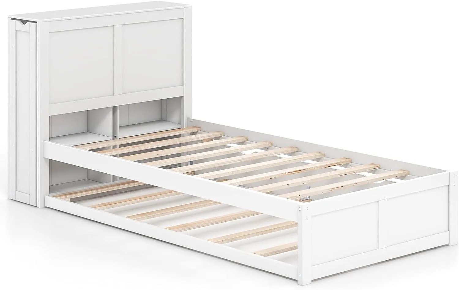 Giantex Full Bed Frame with Twin Trundle, Wooden Bed Wooden Bed Frame with 2 Rolling Bookcases & High Headboard