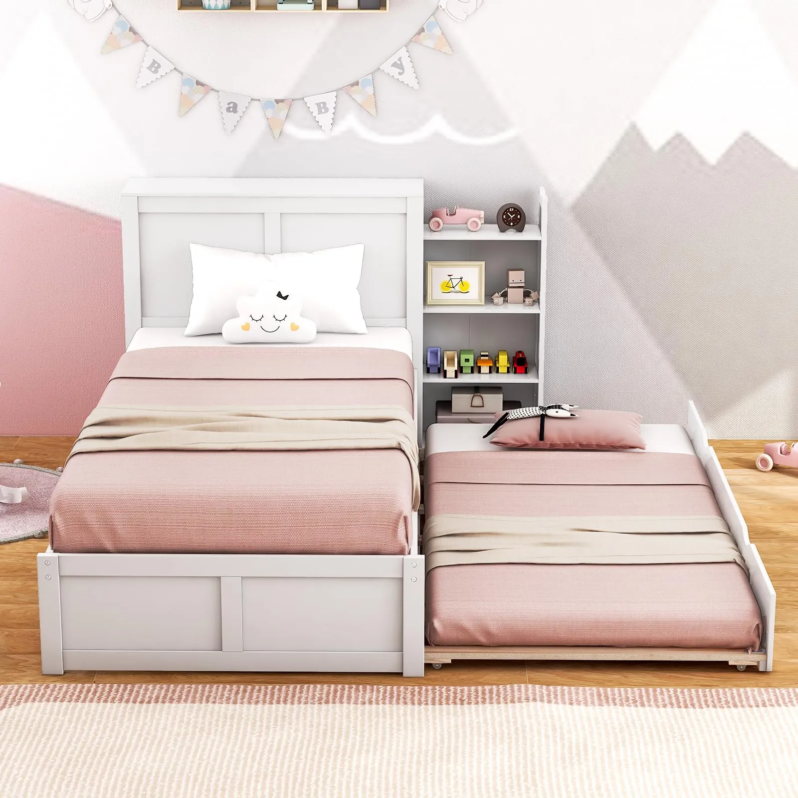 Giantex Full Bed Frame with Twin Trundle, Wooden Bed Wooden Bed Frame with 2 Rolling Bookcases & High Headboard
