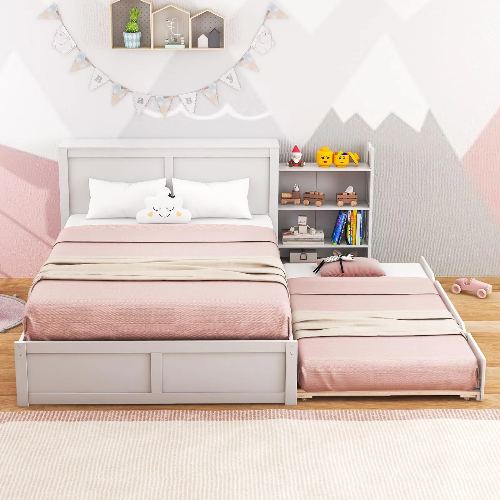 Giantex Full Bed Frame with Twin Trundle, Wooden Bed Wooden Bed Frame with 2 Rolling Bookcases & High Headboard