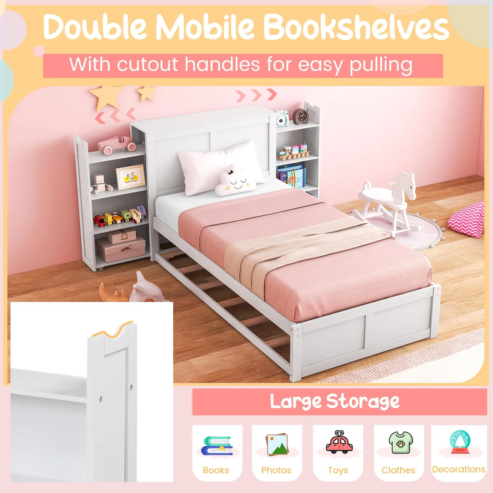 Giantex Full Bed Frame with Twin Trundle, Wooden Bed Wooden Bed Frame with 2 Rolling Bookcases & High Headboard
