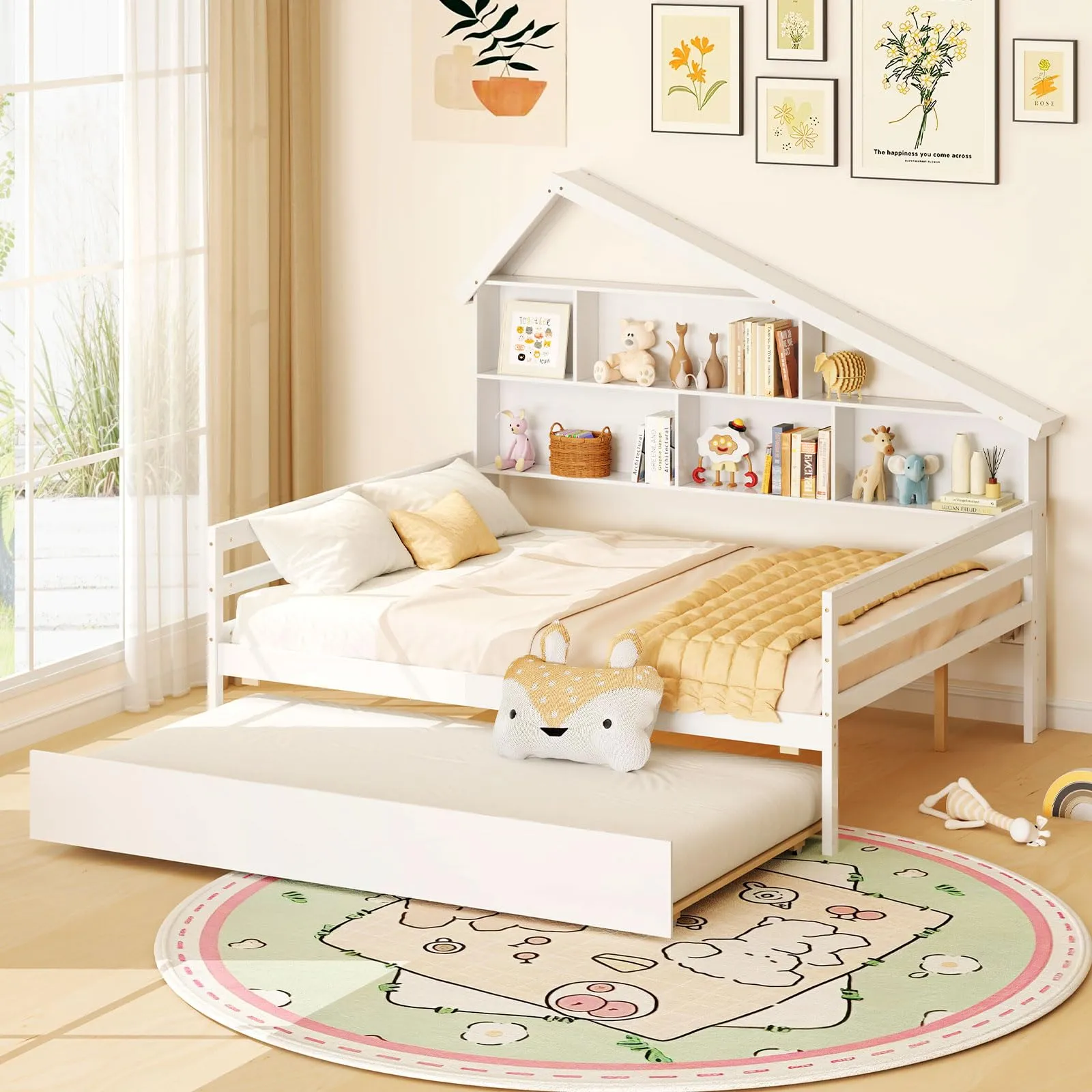 Giantex Full House Bed with Twin Trundle, Wood Daybed with 5 Cube Storage Bookcase & Headboard bed frame, queen bed
