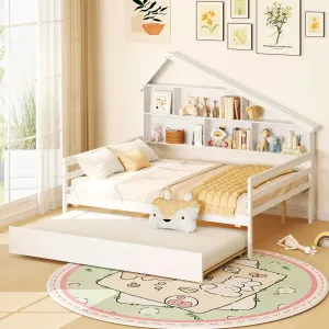 Giantex Full House Bed with Twin Trundle, Wood Daybed with 5 Cube Storage Bookcase & Headboard bed frame, queen bed