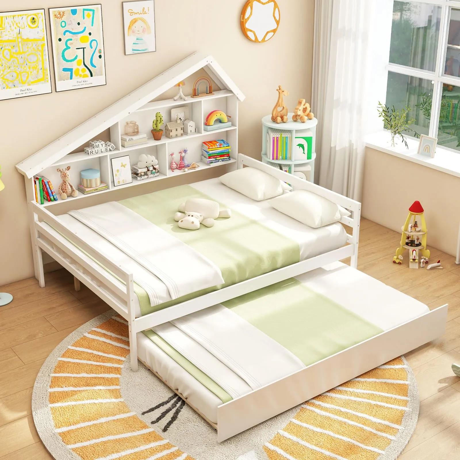 Giantex Full House Bed with Twin Trundle, Wood Daybed with 5 Cube Storage Bookcase & Headboard