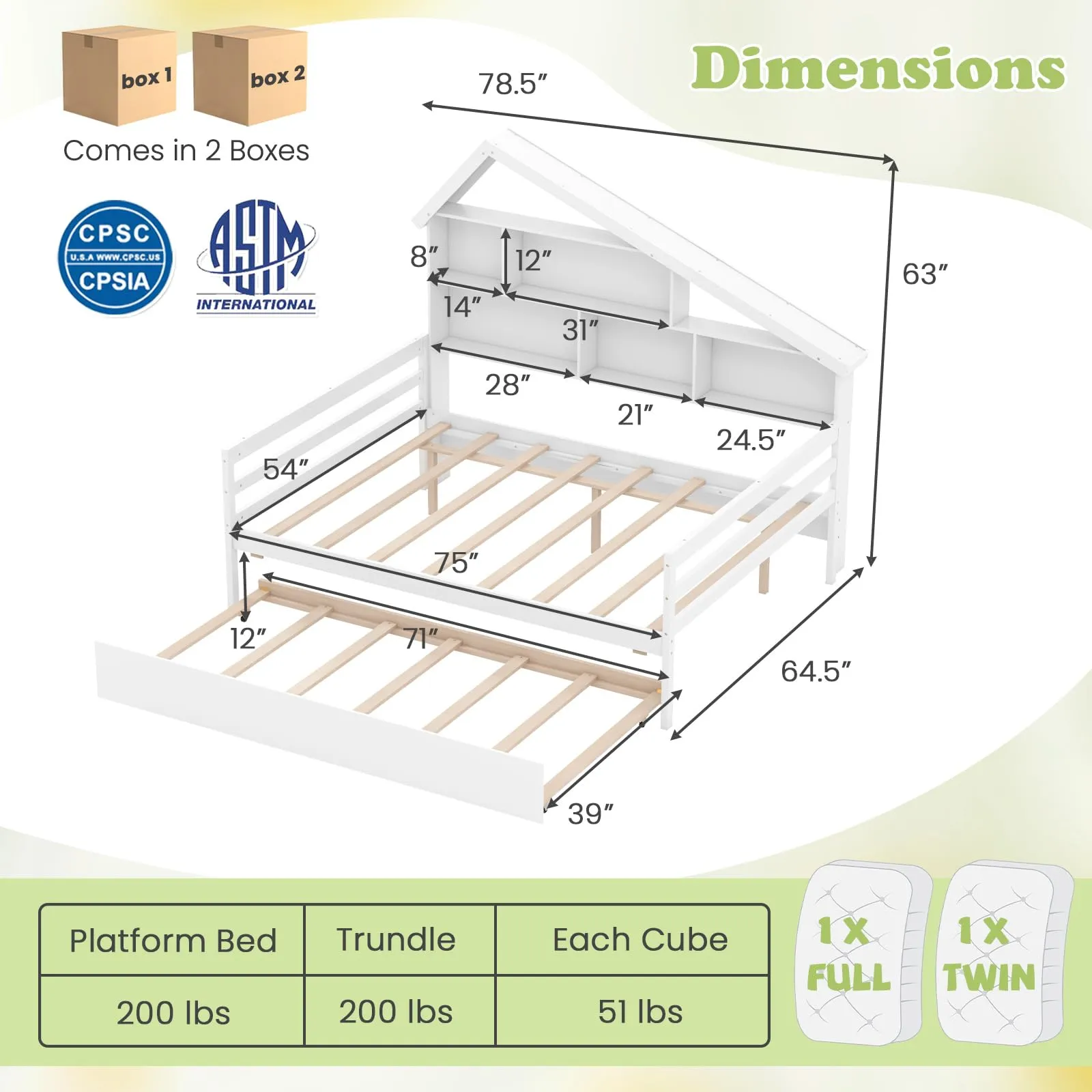 Giantex Full House Bed with Twin Trundle, Wood Daybed with 5 Cube Storage Bookcase & Headboard