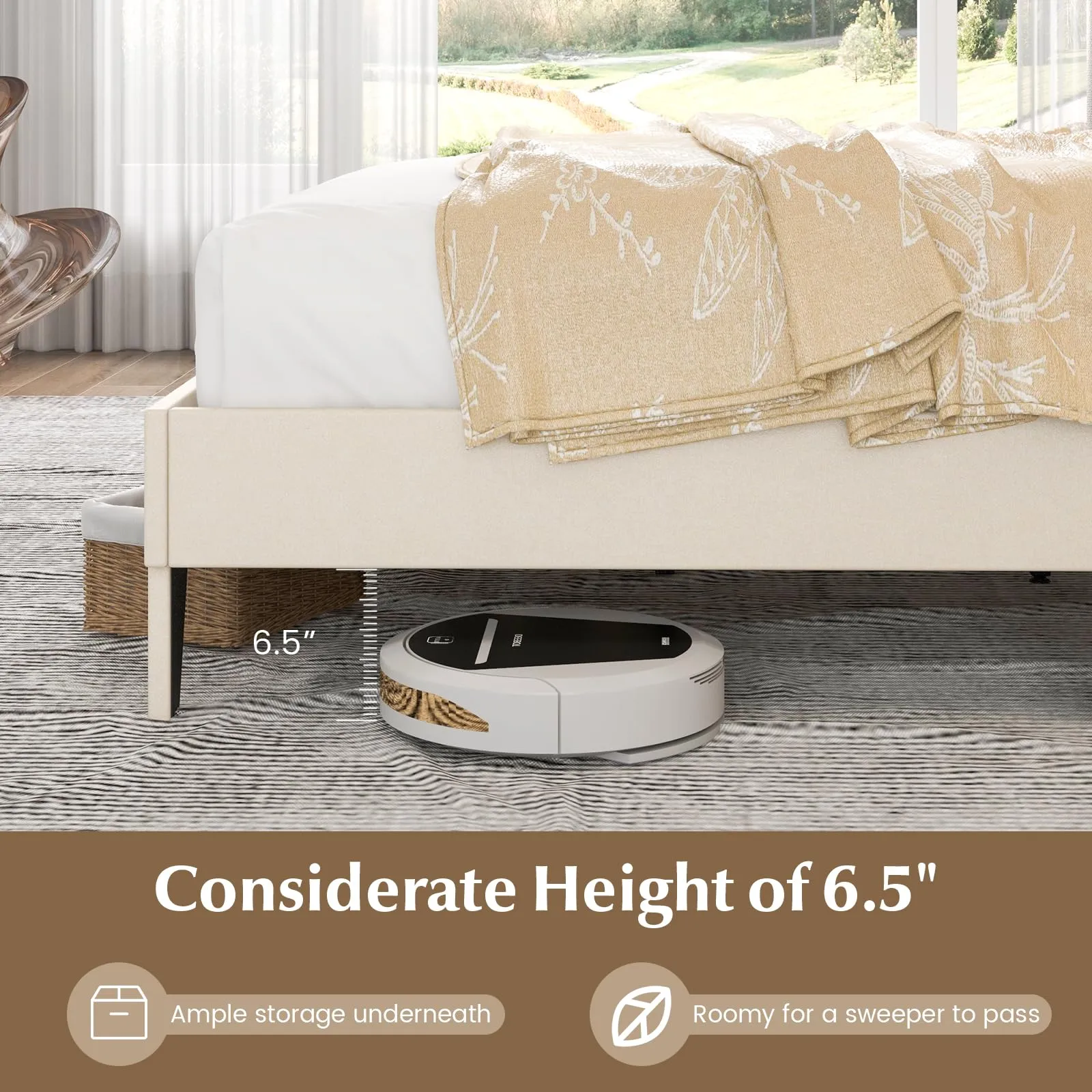 Giantex Full Size Bed Frame Beige, Linen Fabric Upholstered Platform Bed Frame with Nail Headboard