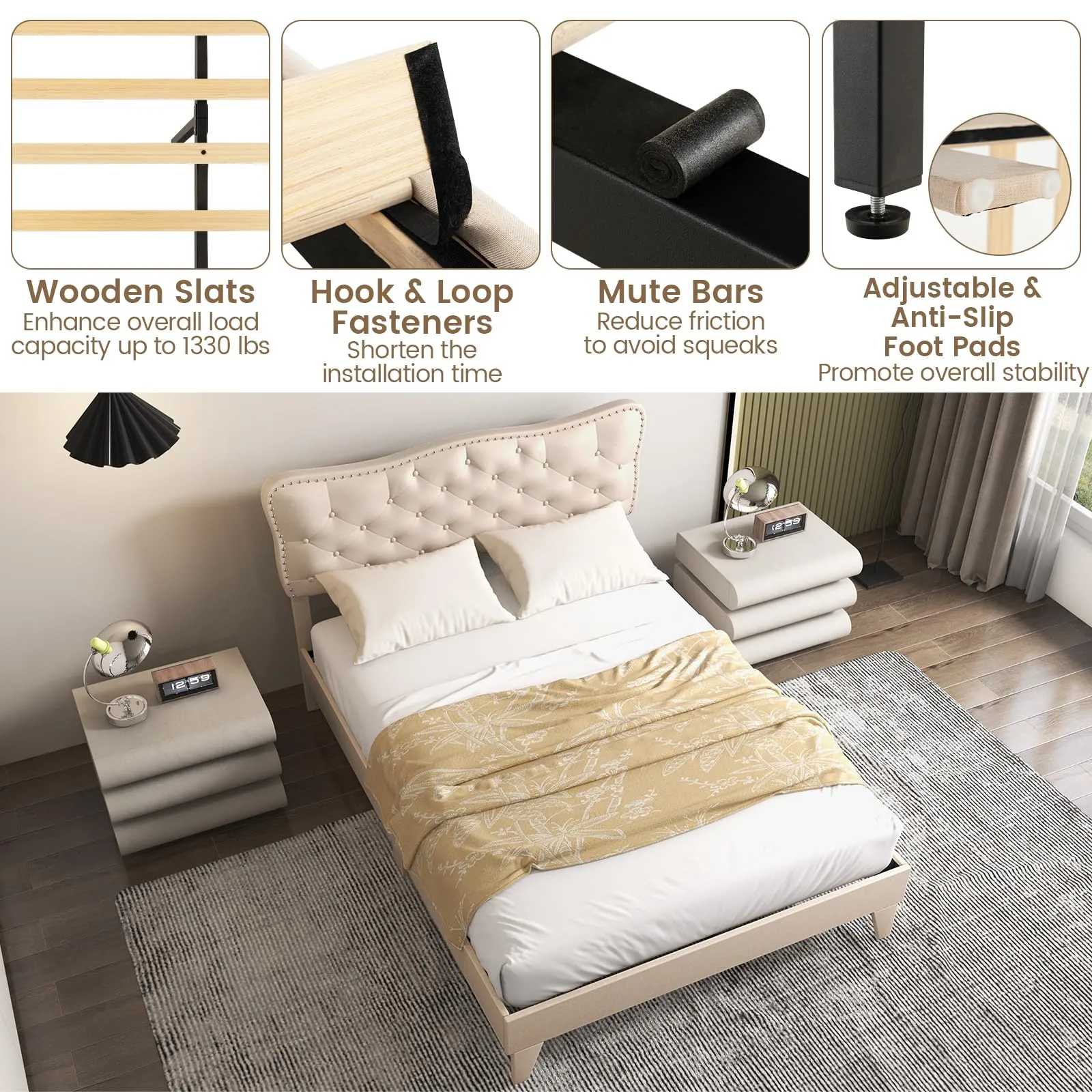 Giantex Full Size Bed Frame Beige, Linen Fabric Upholstered Platform Bed Frame with Nail Headboard