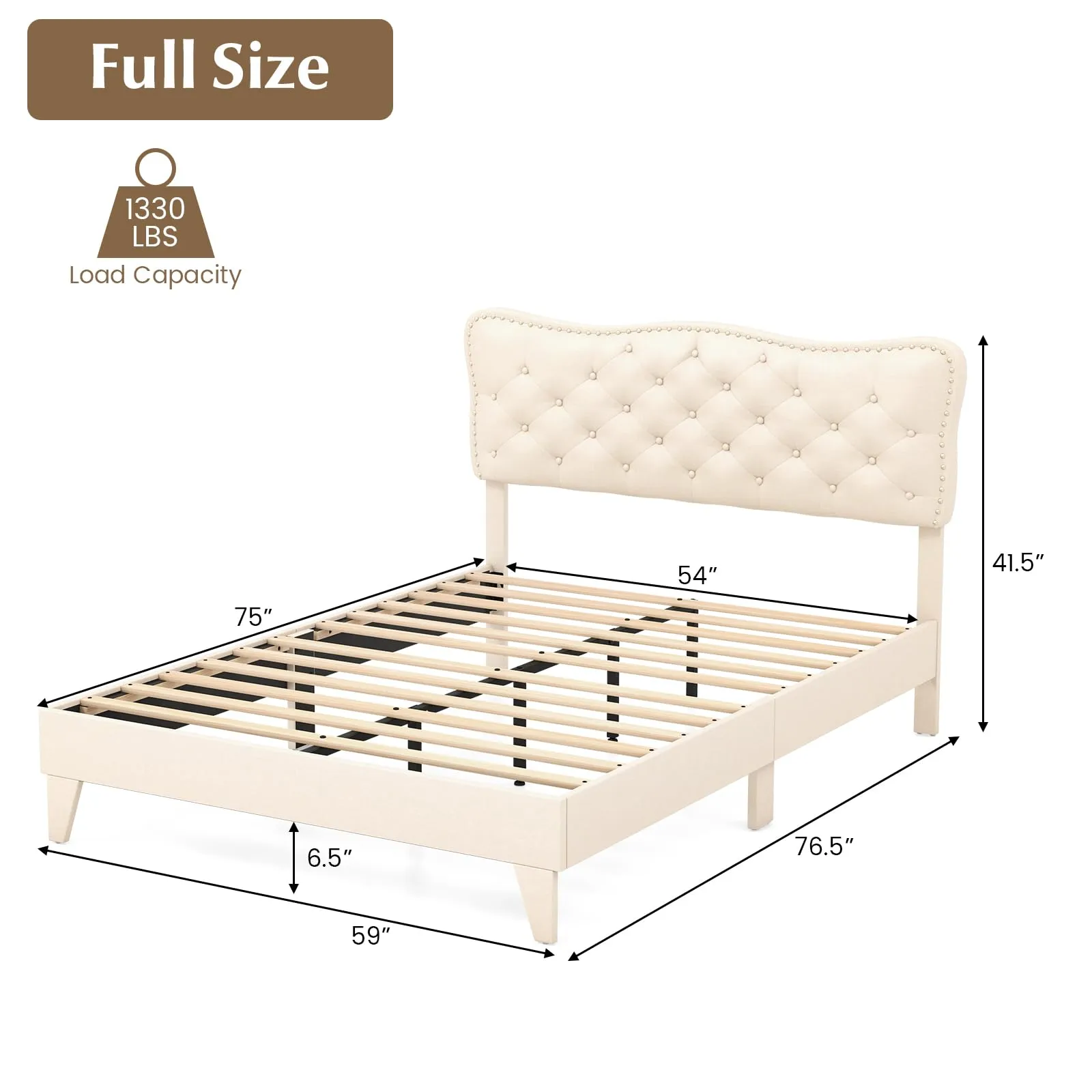 Giantex Full Size Bed Frame Beige, Linen Fabric Upholstered Platform Bed Frame with Nail Headboard