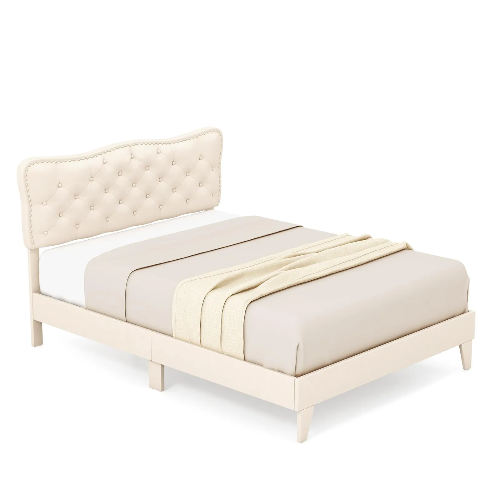 Giantex Full Size Bed Frame Beige, Linen Fabric Upholstered Platform Bed Frame with Nail Headboard bed frame, queen bed