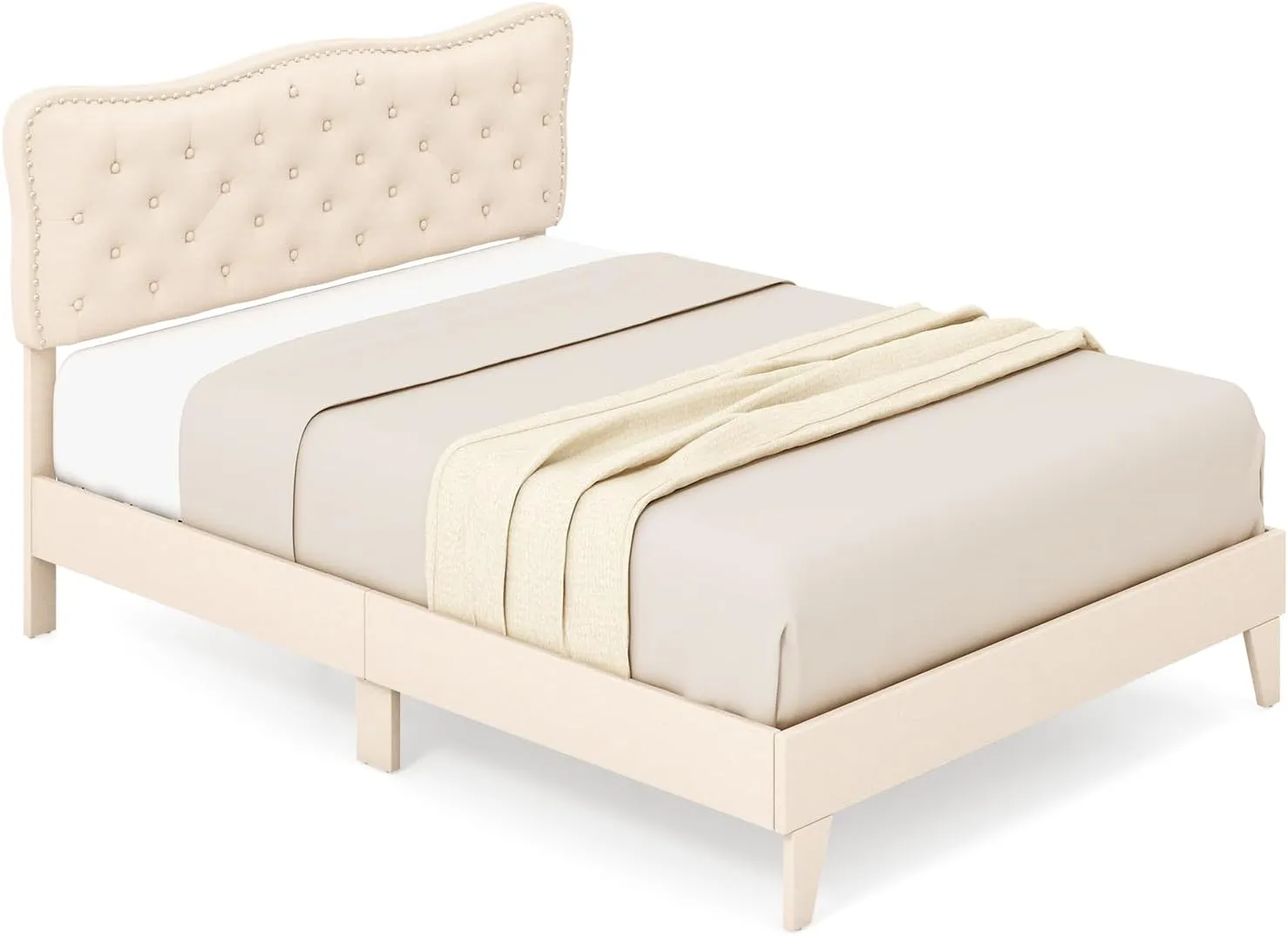 Giantex Full Size Bed Frame Beige, Linen Fabric Upholstered Platform Bed Frame with Nail Headboard