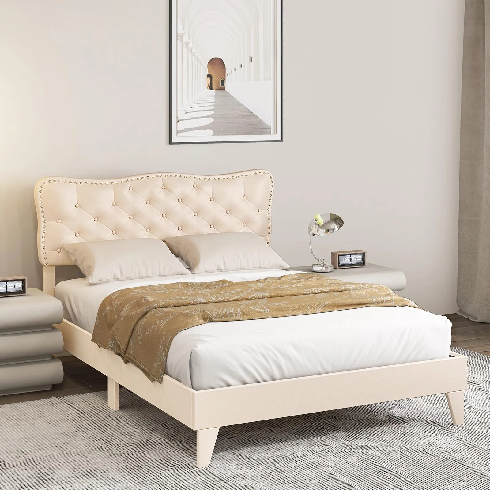 Giantex Full Size Bed Frame Beige, Linen Fabric Upholstered Platform Bed Frame with Nail Headboard