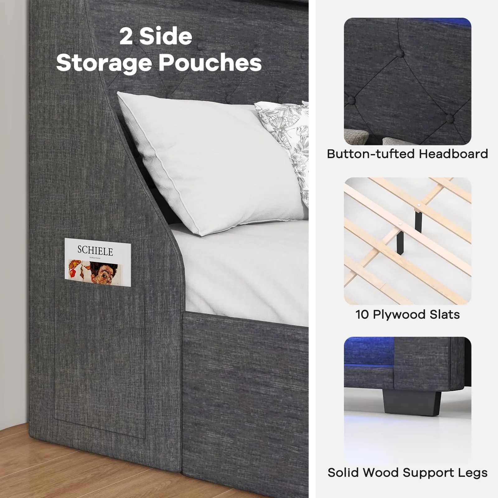 Giantex Full Size Bed Frame with LED Lights & Charging Station, Upholstered Platform Bed with Wingback Headboard