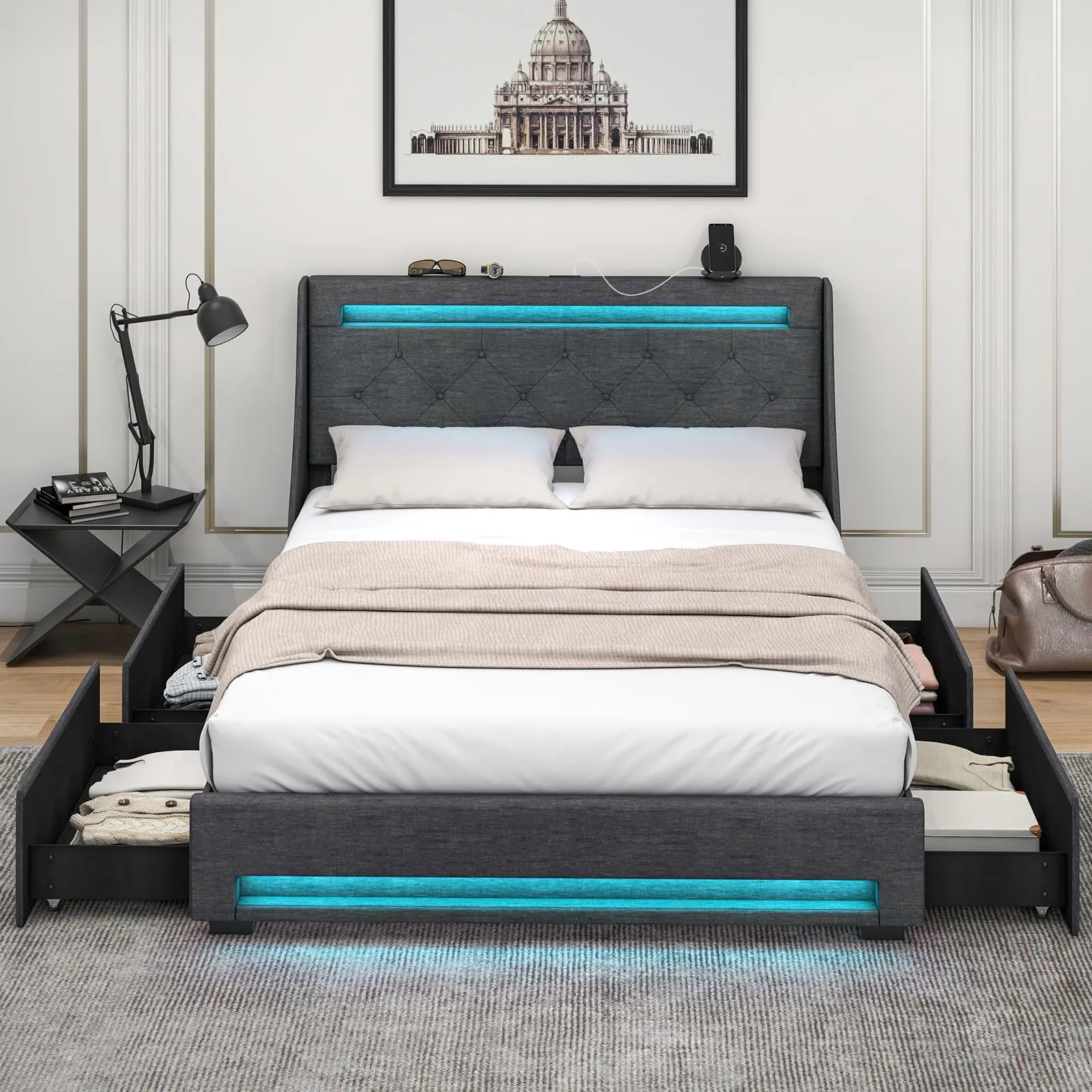 Giantex Full Size Bed Frame with LED Lights & Charging Station, Upholstered Platform Bed with Wingback Headboard