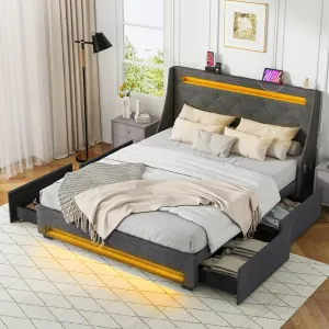 Giantex Full Size Bed Frame with LED Lights & Charging Station, Upholstered Platform Bed with Wingback Headboard bed frame, queen bed