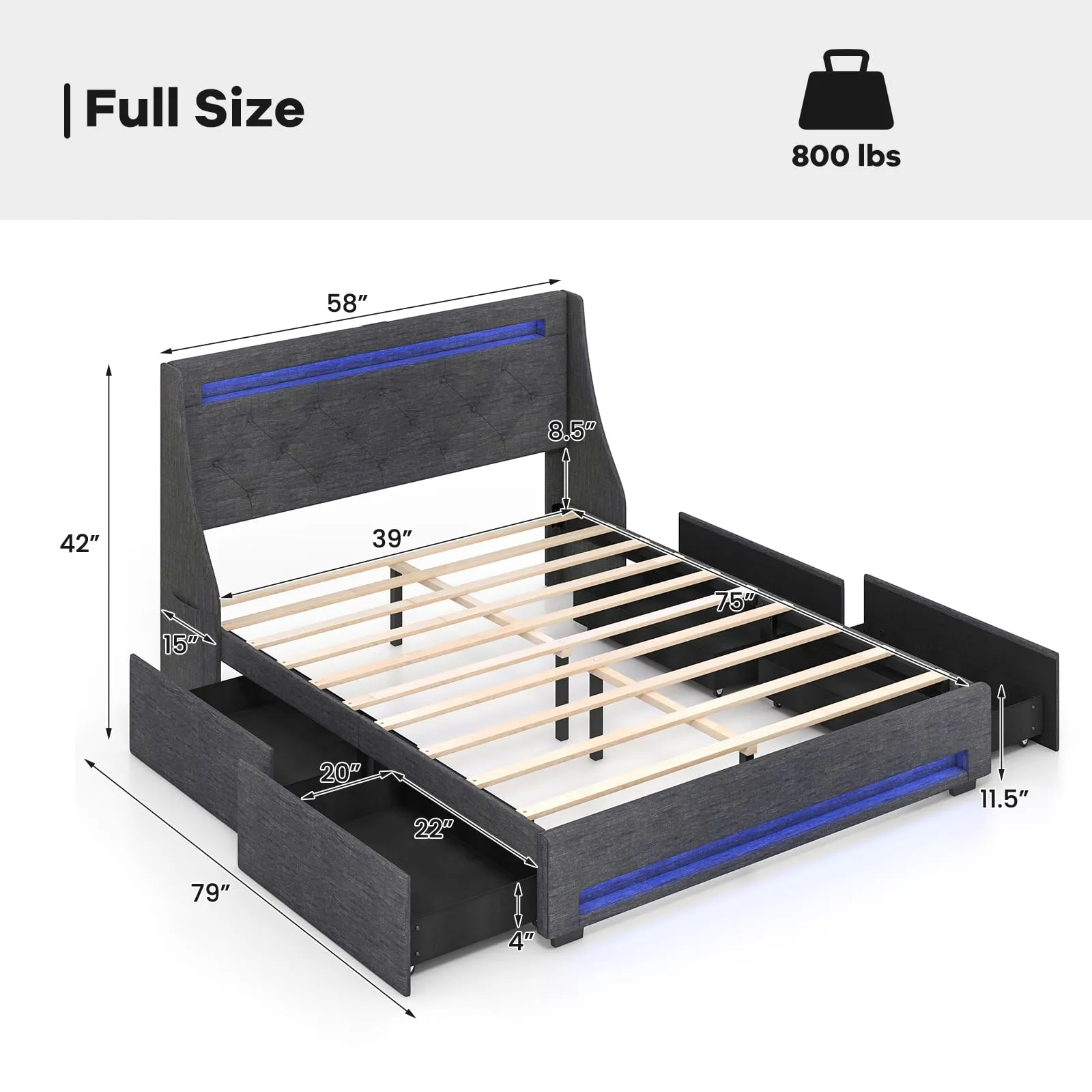 Giantex Full Size Bed Frame with LED Lights & Charging Station, Upholstered Platform Bed with Wingback Headboard