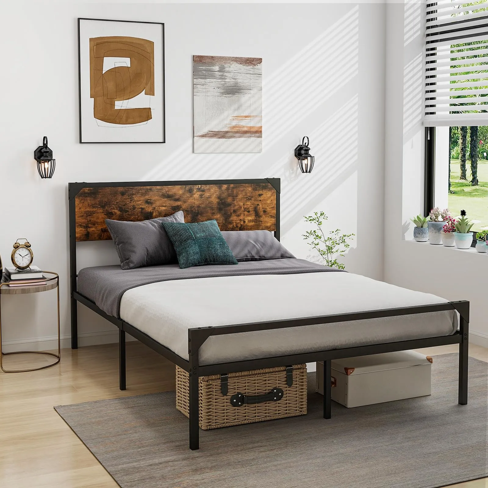 Giantex Full Size Bed Frame with Rustic Headboard & Footboard, Strong Metal Slat Support Mattress Foundation