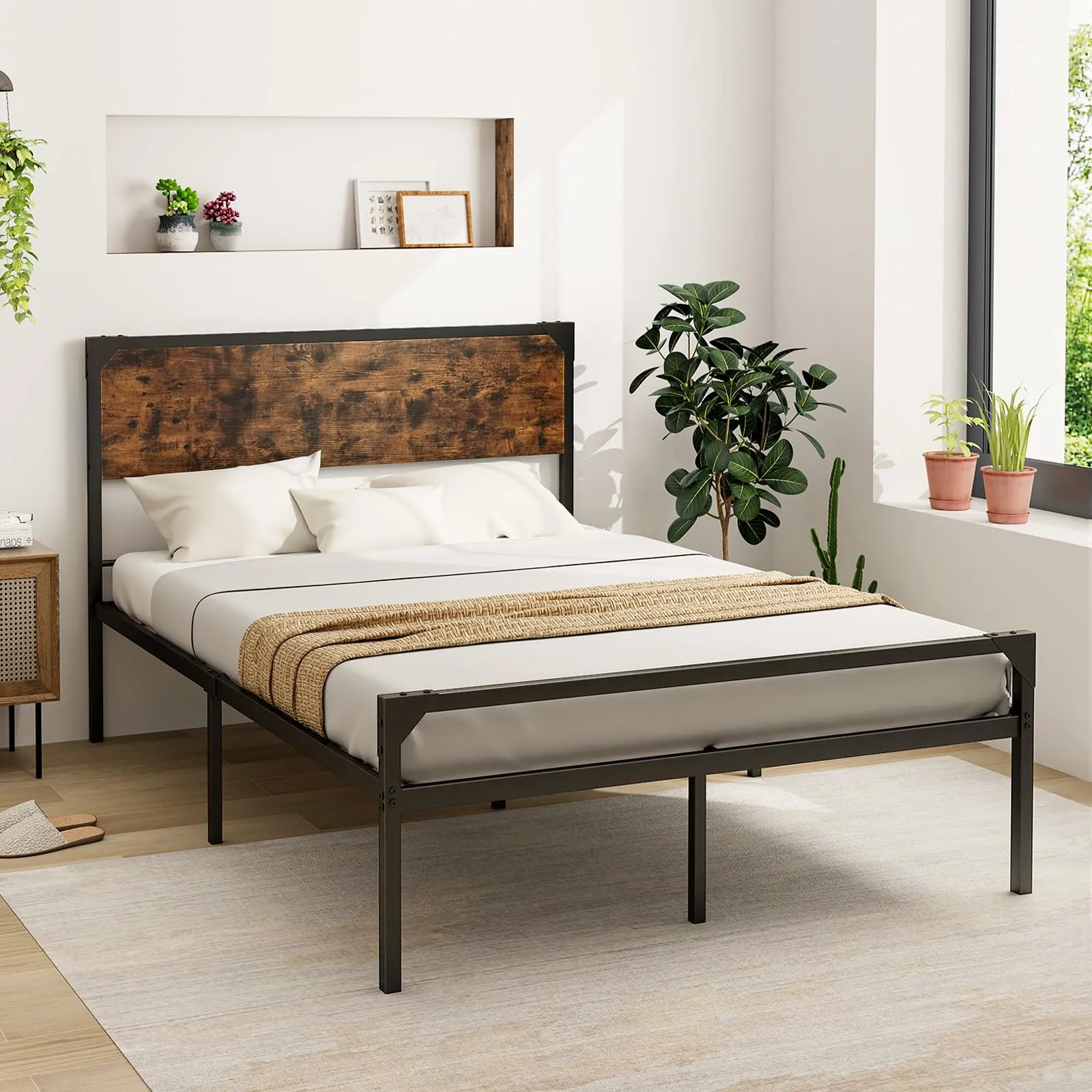 Giantex Full Size Bed Frame with Rustic Headboard & Footboard, Strong Metal Slat Support Mattress Foundation bed frame, queen bed