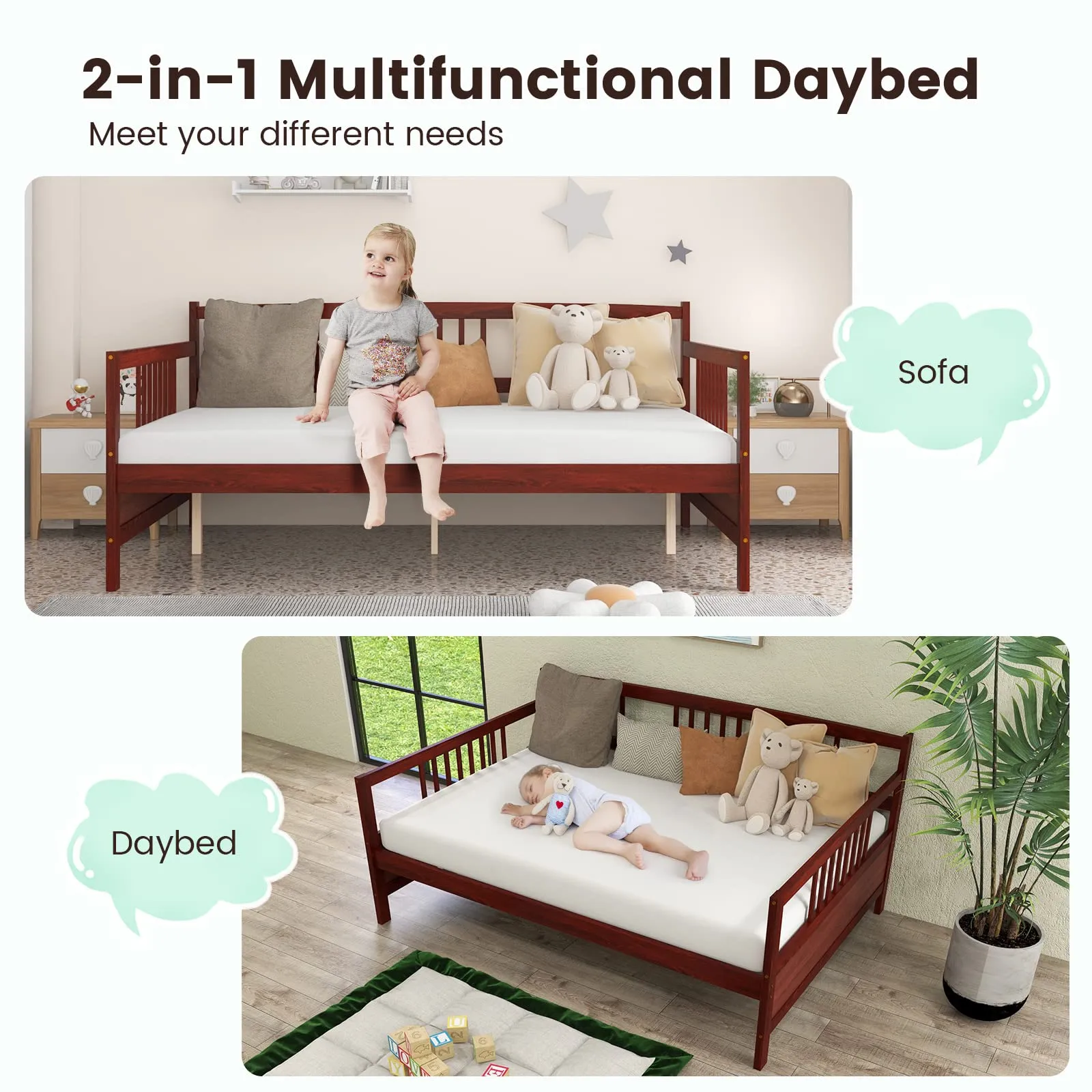 Giantex Full Size Daybed, Wooden Daybed Sofa Bed Frame with Wood Slat Support for Kids Teens (Full)