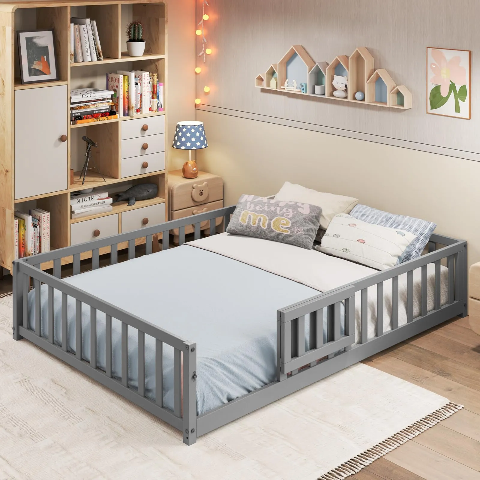 Giantex Full Size Floor Bed for Kids, Montessori Floor Bed with Wood Slats & Safety Guardrails