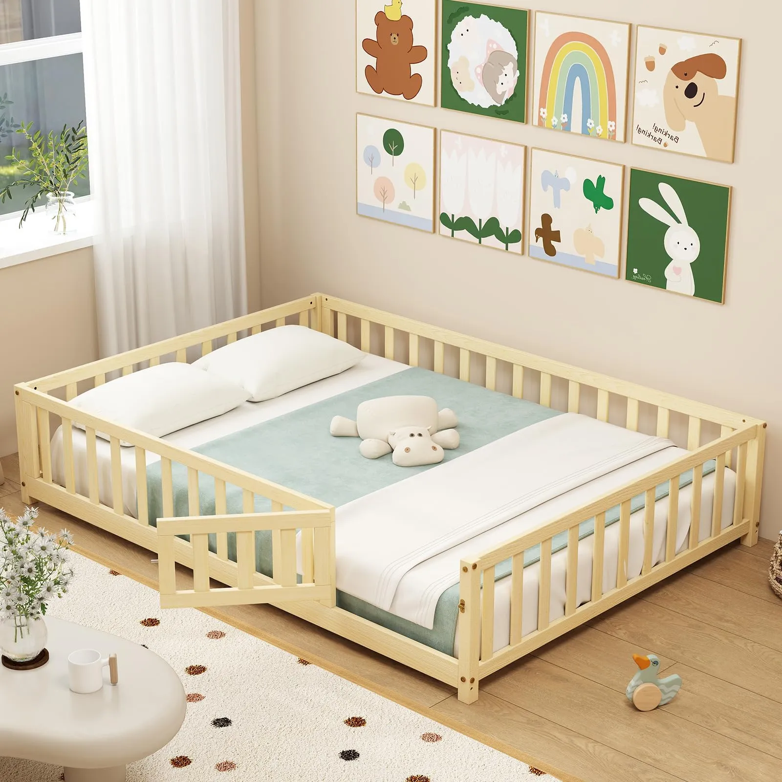 Giantex Full Size Floor Bed for Kids, Montessori Floor Bed with Wood Slats & Safety Guardrails