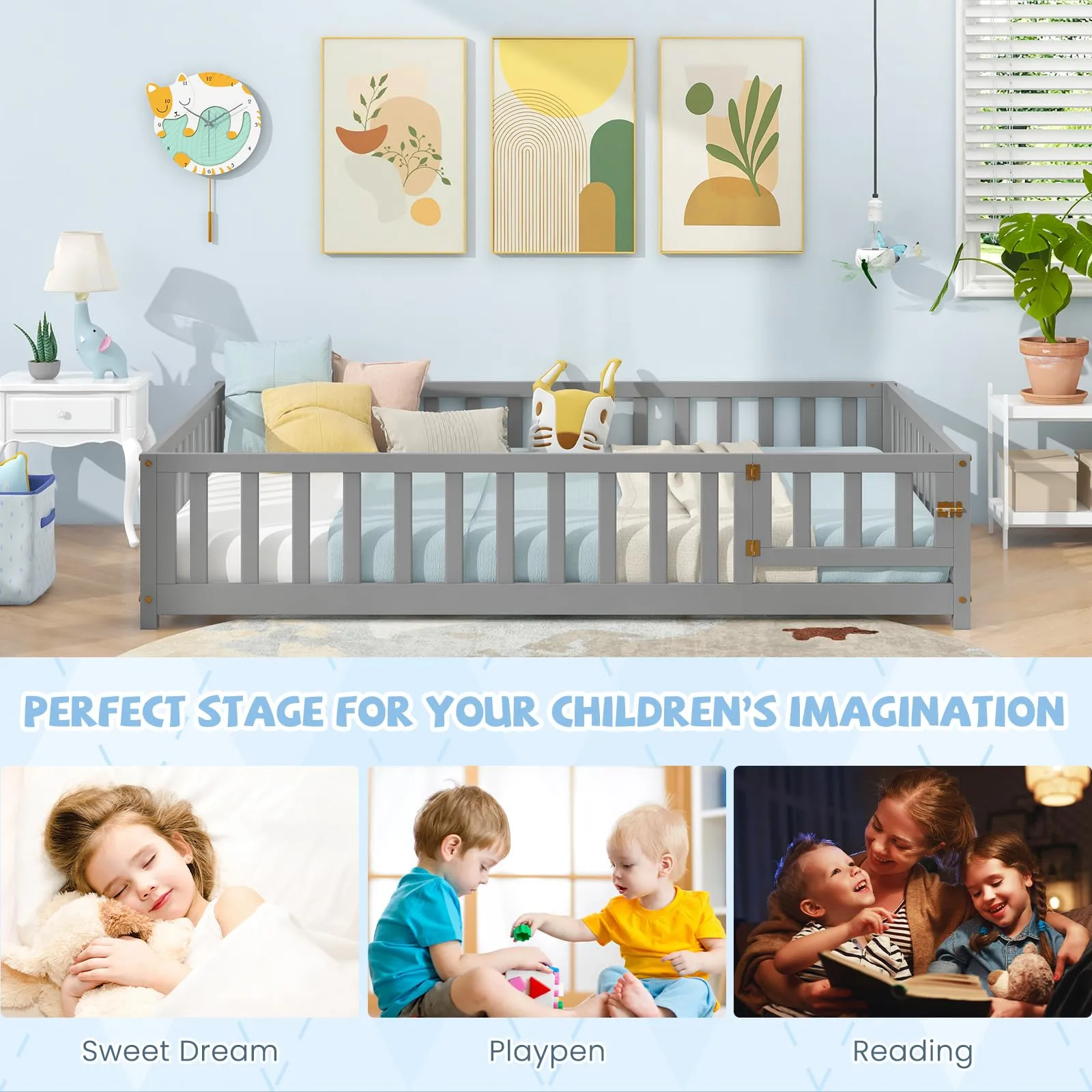 Giantex Full Size Floor Bed for Kids, Montessori Floor Bed with Wood Slats & Safety Guardrails
