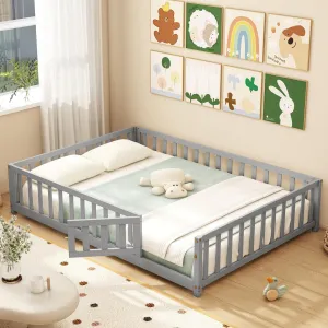 Giantex Full Size Floor Bed for Kids, Montessori Floor Bed with Wood Slats & Safety Guardrails bed frame, queen bed