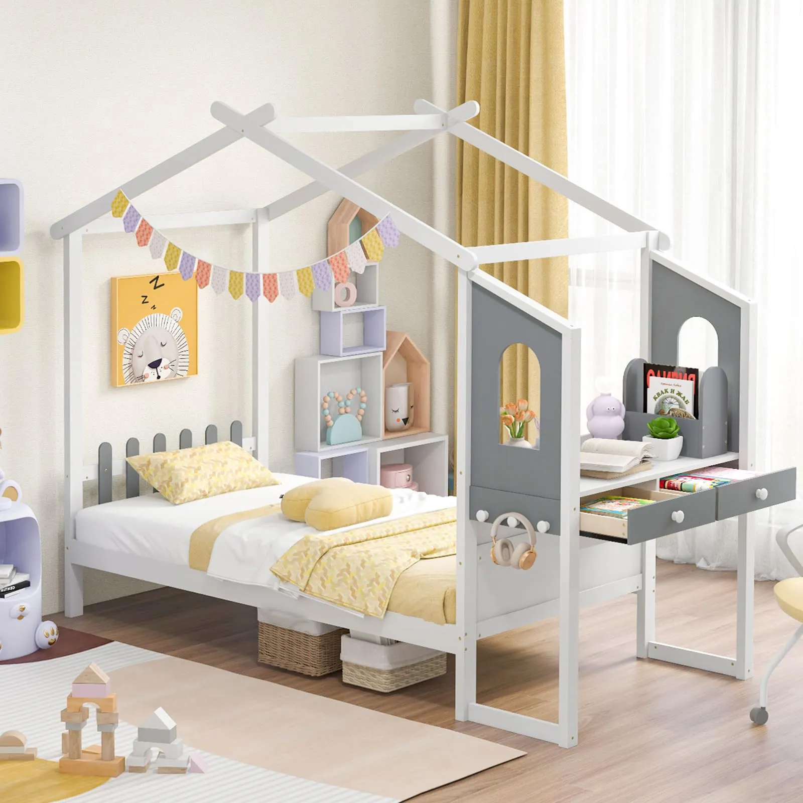 Giantex Full Size House Bed with Study Desk