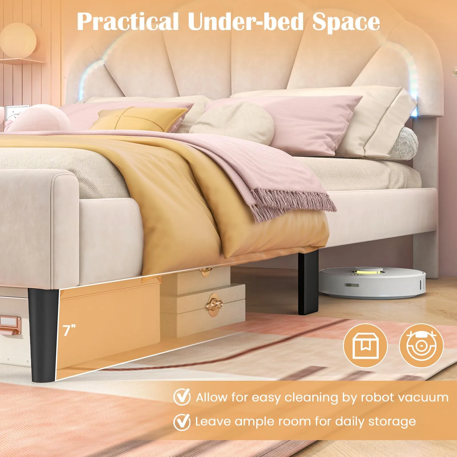 Giantex Full Size LED Bed Frame, Velvet Upholstered Full Platform Bed with Adjustable Cloud Headboard