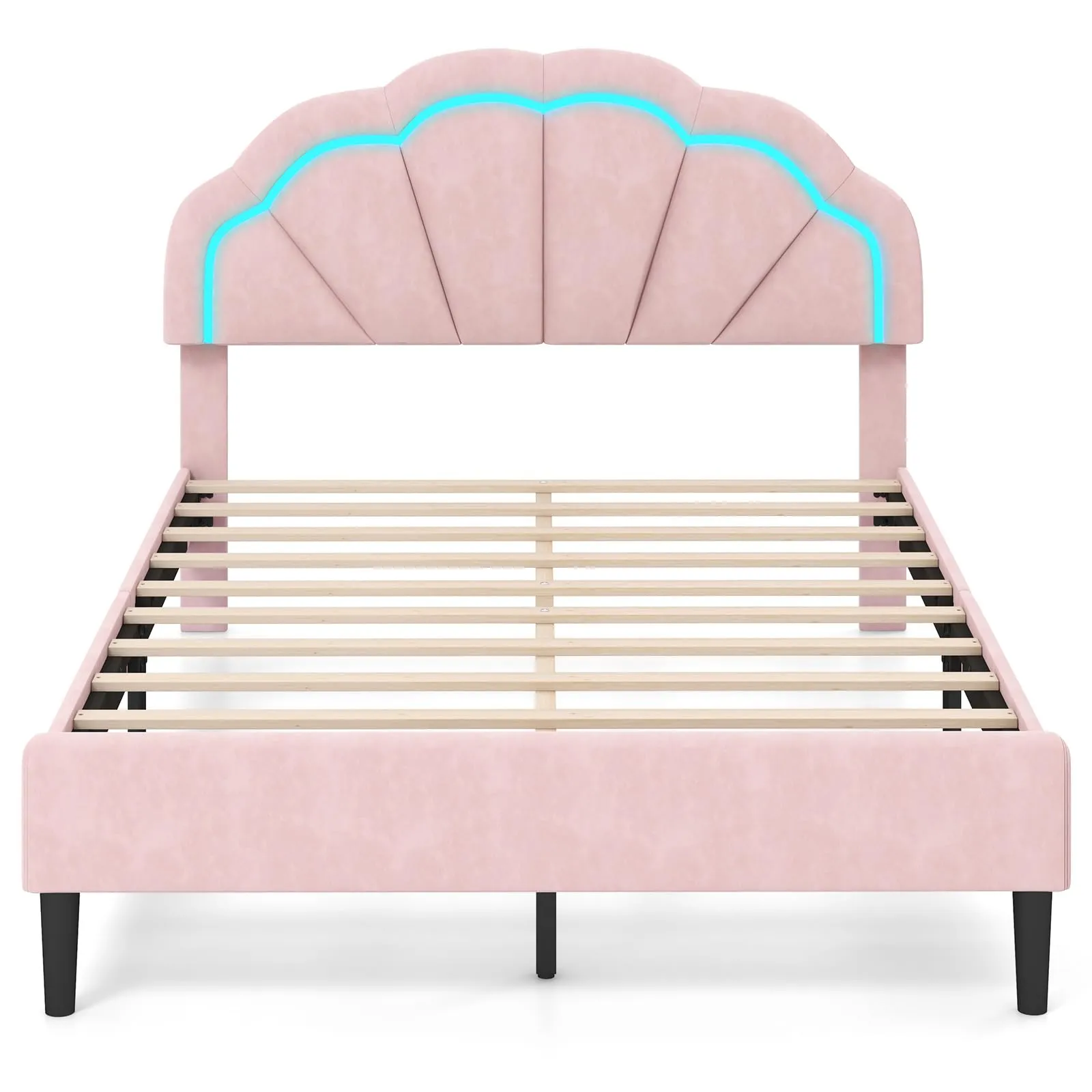 Giantex Full Size LED Bed Frame, Velvet Upholstered Full Platform Bed with Adjustable Cloud Headboard
