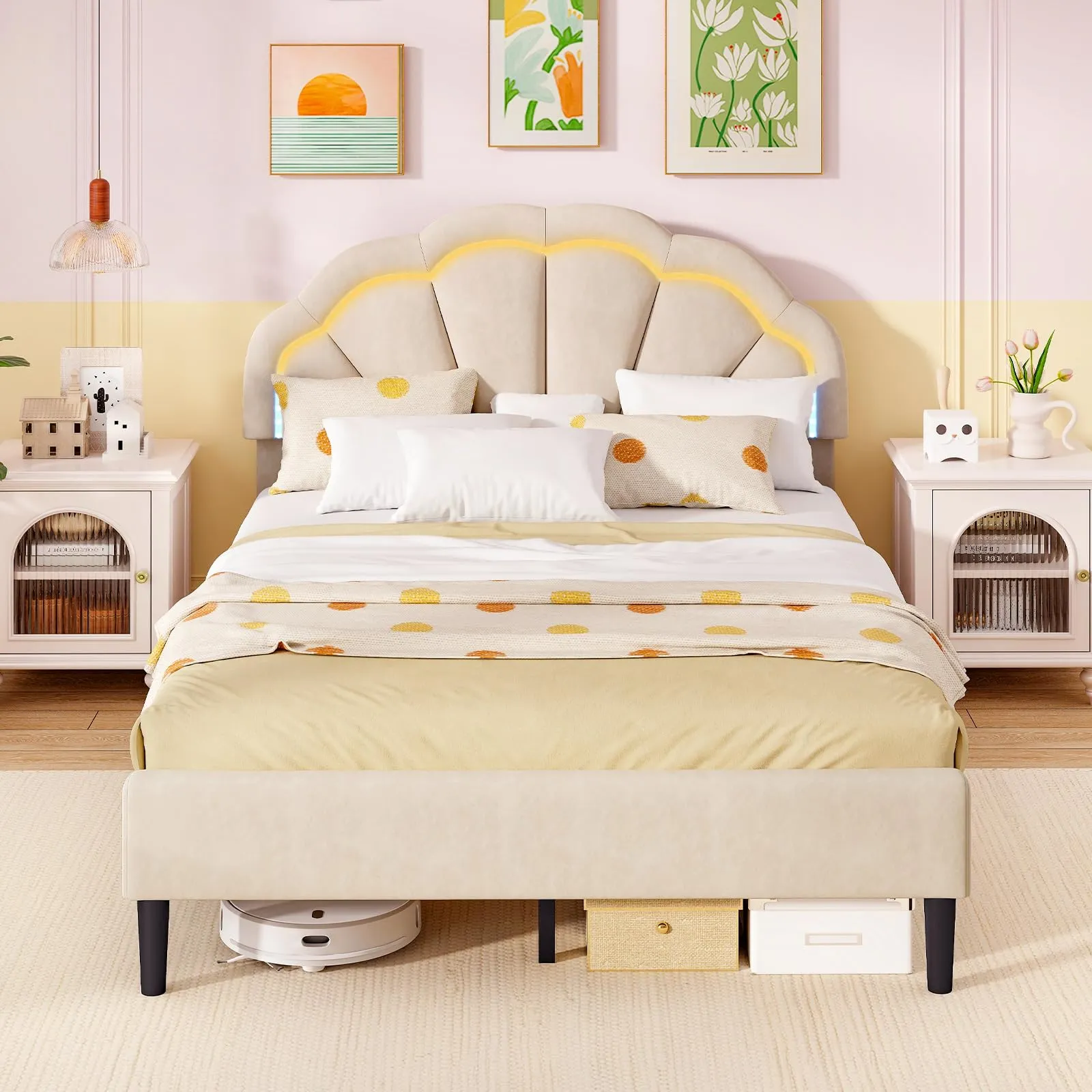 Giantex Full Size LED Bed Frame, Velvet Upholstered Full Platform Bed with Adjustable Cloud Headboard