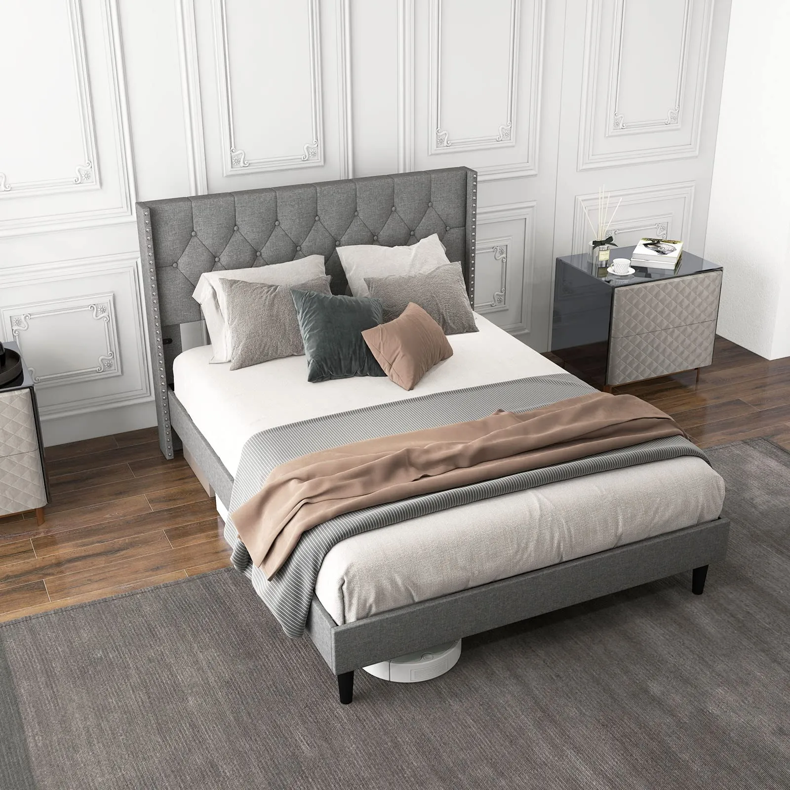 Giantex Full Size Linen Fabric Upholstered Platform Bed Frame bed frame, queen bed