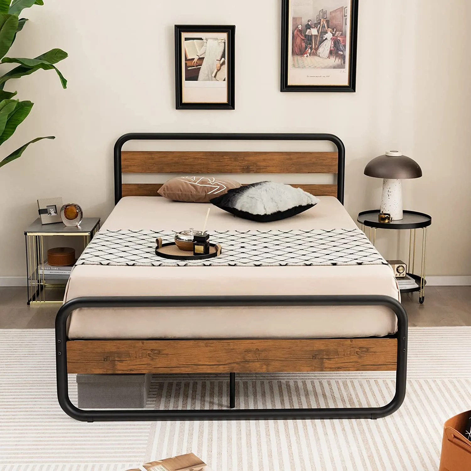 Giantex Full Size Metal Bed Frame, Platform Bed with Round Wooden Headboard and Footboard
