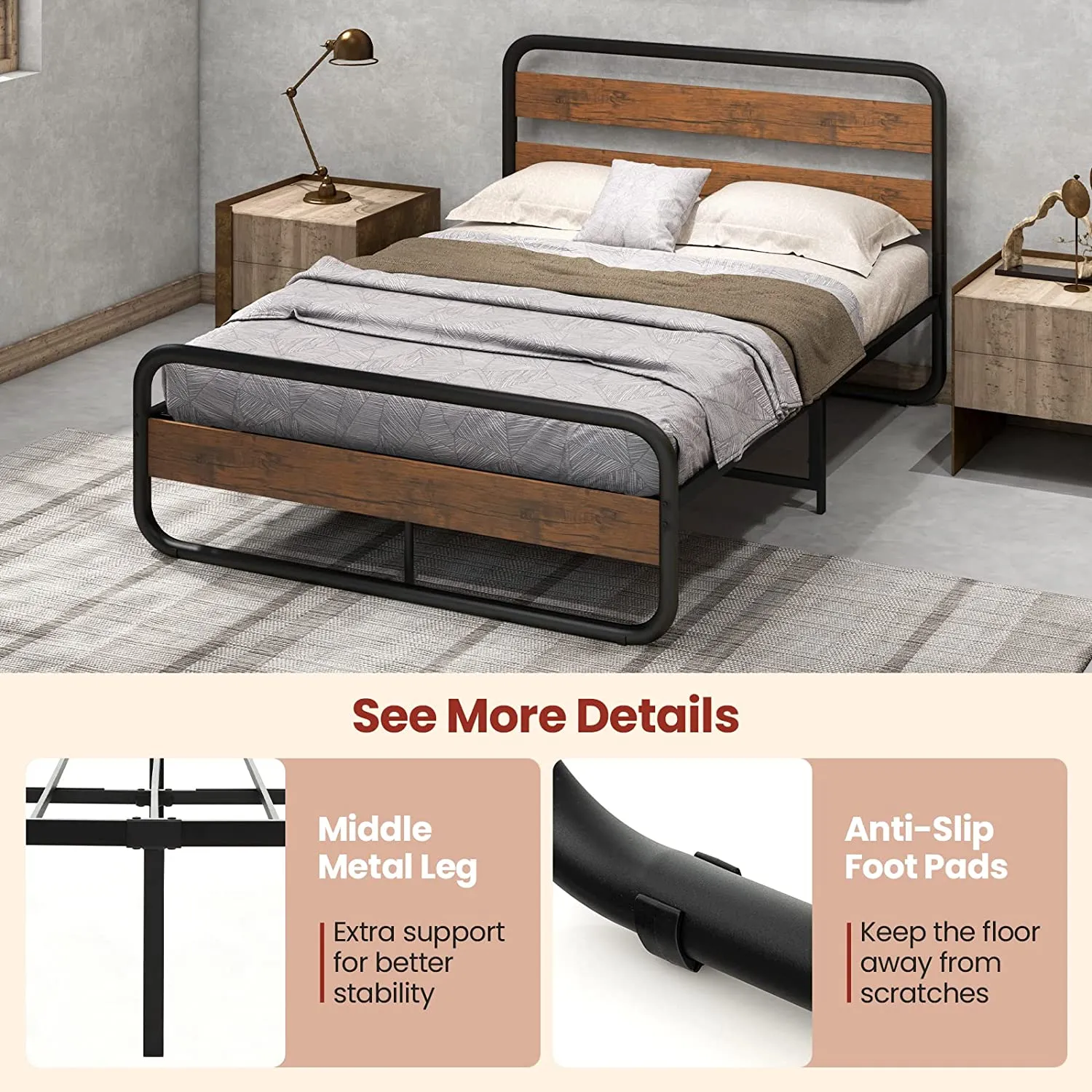 Giantex Full Size Metal Bed Frame, Platform Bed with Round Wooden Headboard and Footboard