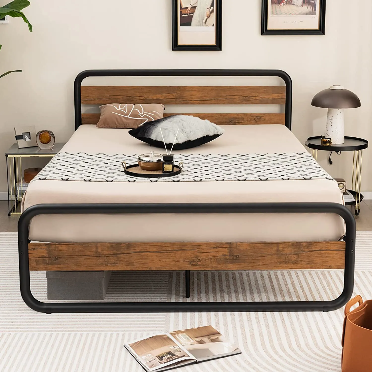 Giantex Full Size Metal Bed Frame, Platform Bed with Round Wooden Headboard and Footboard