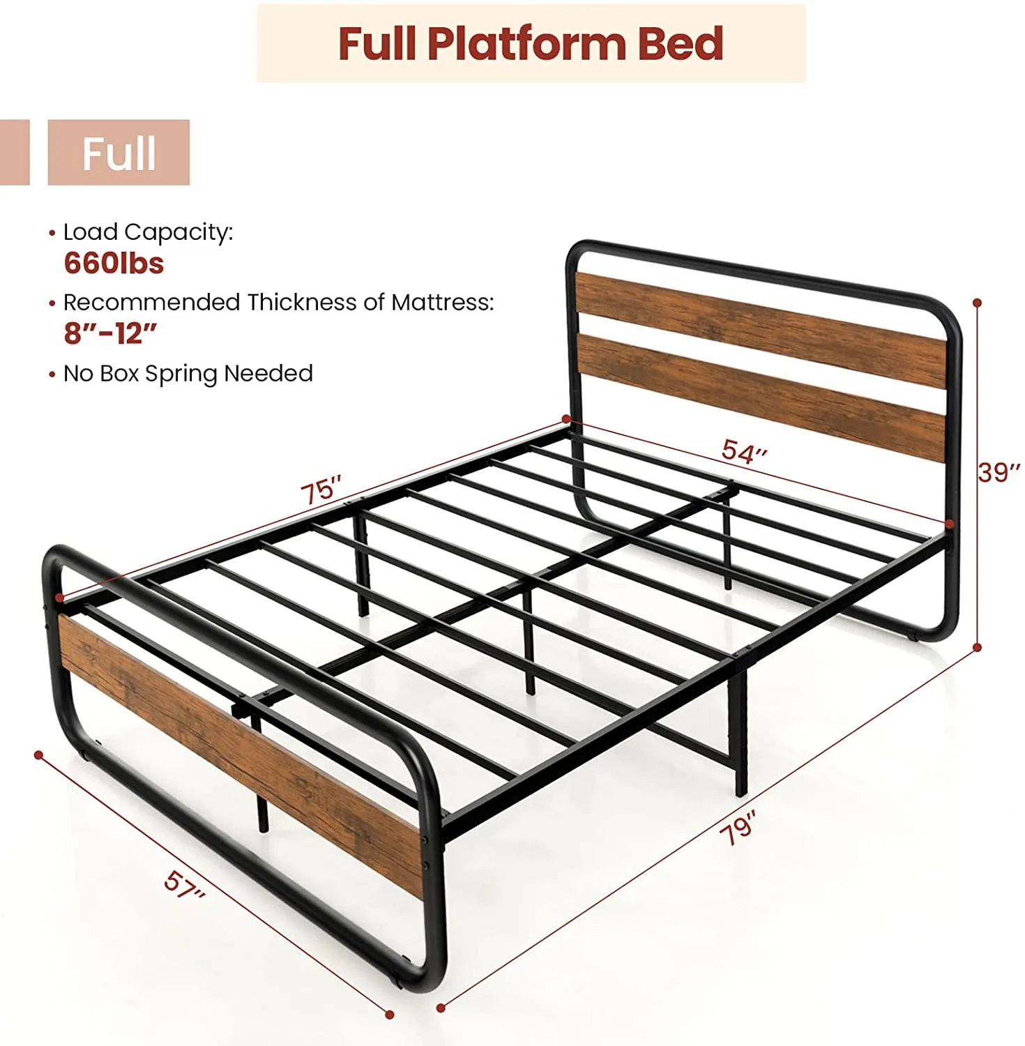 Giantex Full Size Metal Bed Frame, Platform Bed with Round Wooden Headboard and Footboard
