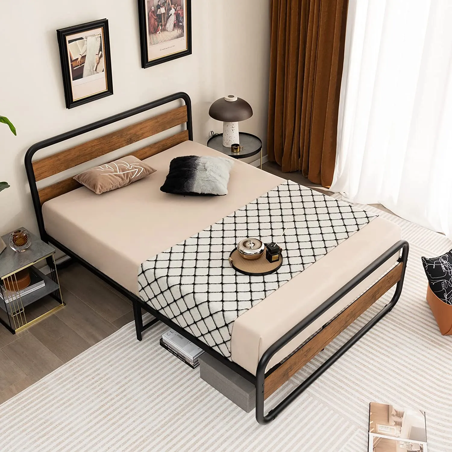Giantex Full Size Metal Bed Frame, Platform Bed with Round Wooden Headboard and Footboard