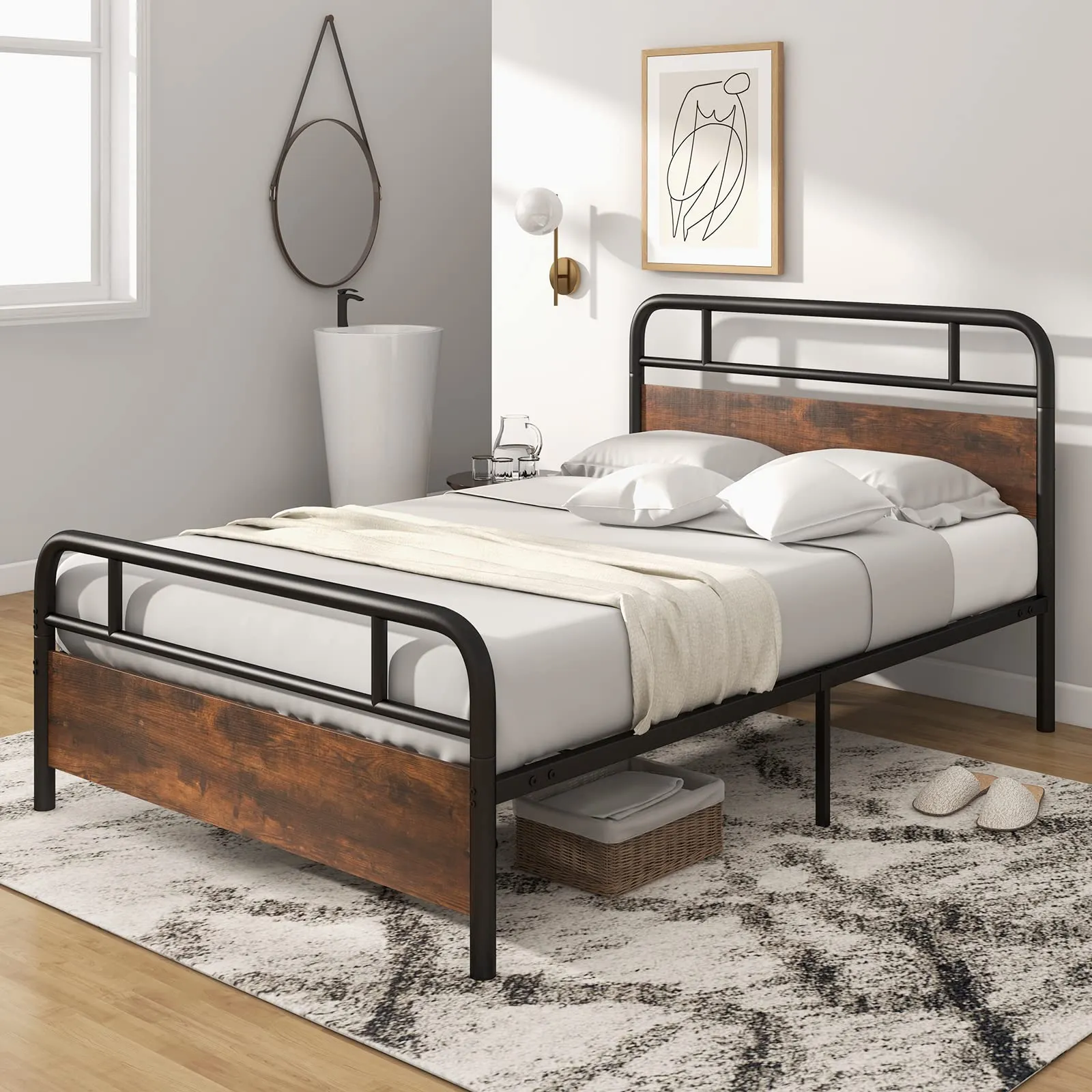 Giantex Full Size Metal Bed Frame with Wood Headboard and Footboard bed frame, queen bed