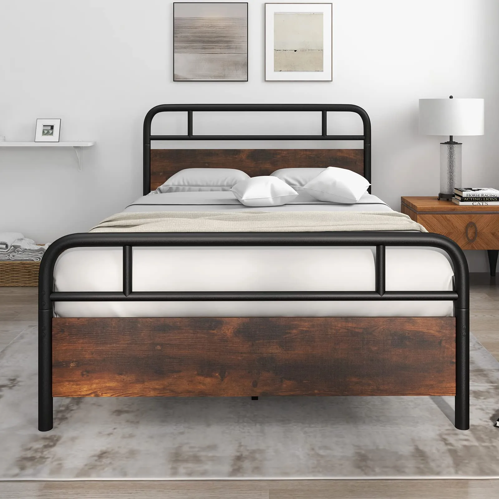 Giantex Full Size Metal Bed Frame with Wood Headboard and Footboard
