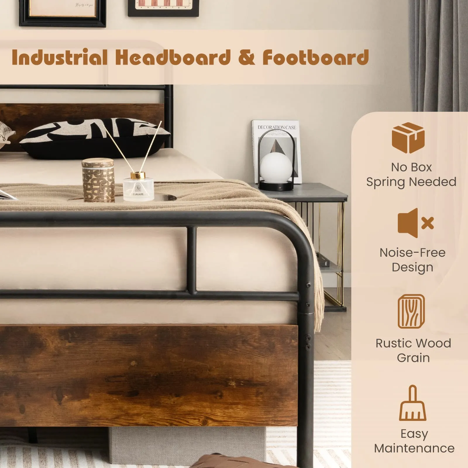 Giantex Full Size Metal Bed Frame with Wood Headboard and Footboard