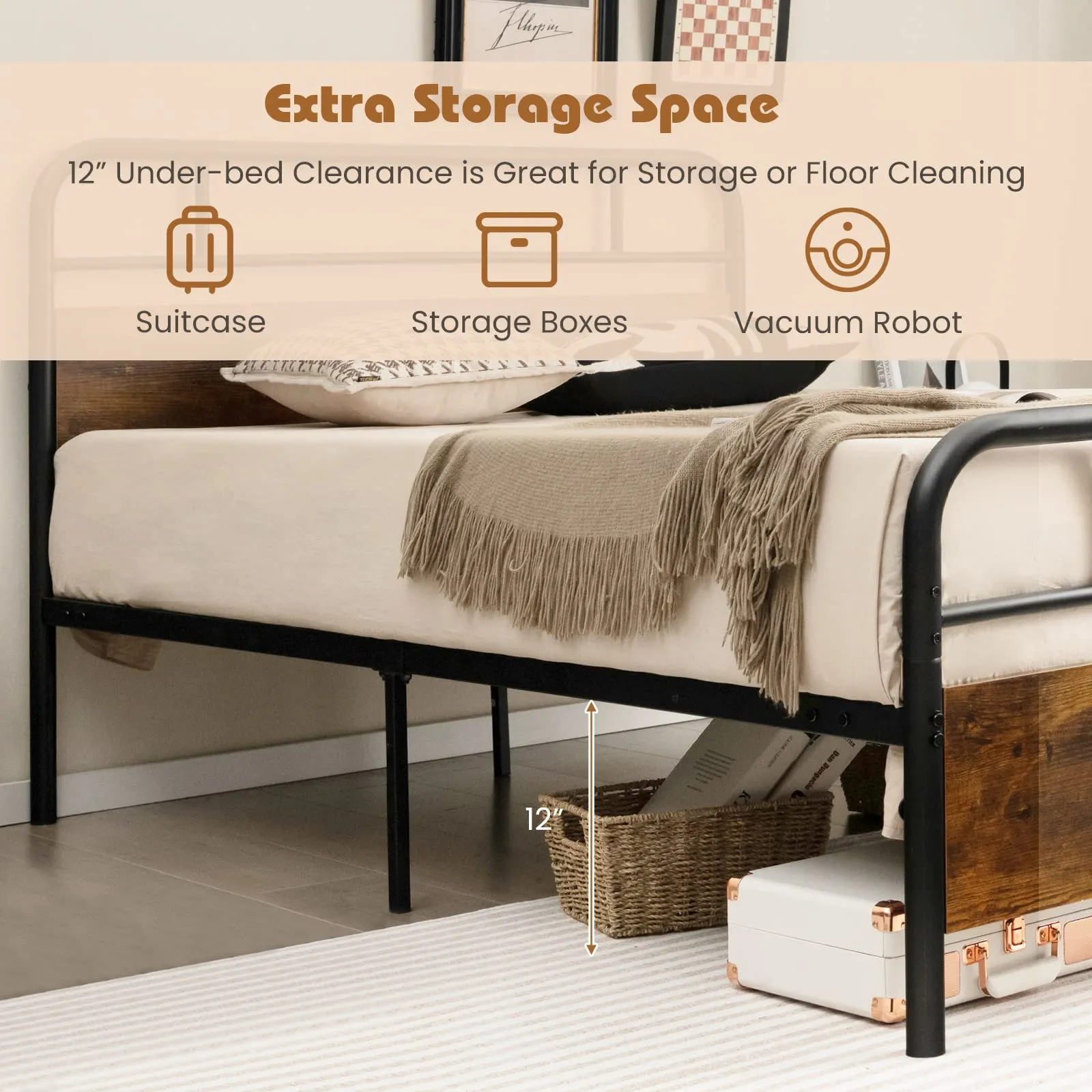 Giantex Full Size Metal Bed Frame with Wood Headboard and Footboard