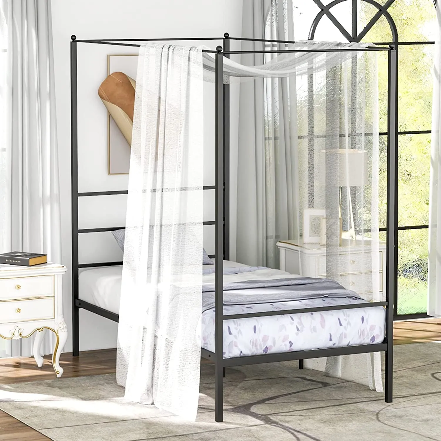 Giantex Full Size Metal Canopy Bed Frame, Modern Platform Bed Frame with 4 Poster & Headboard