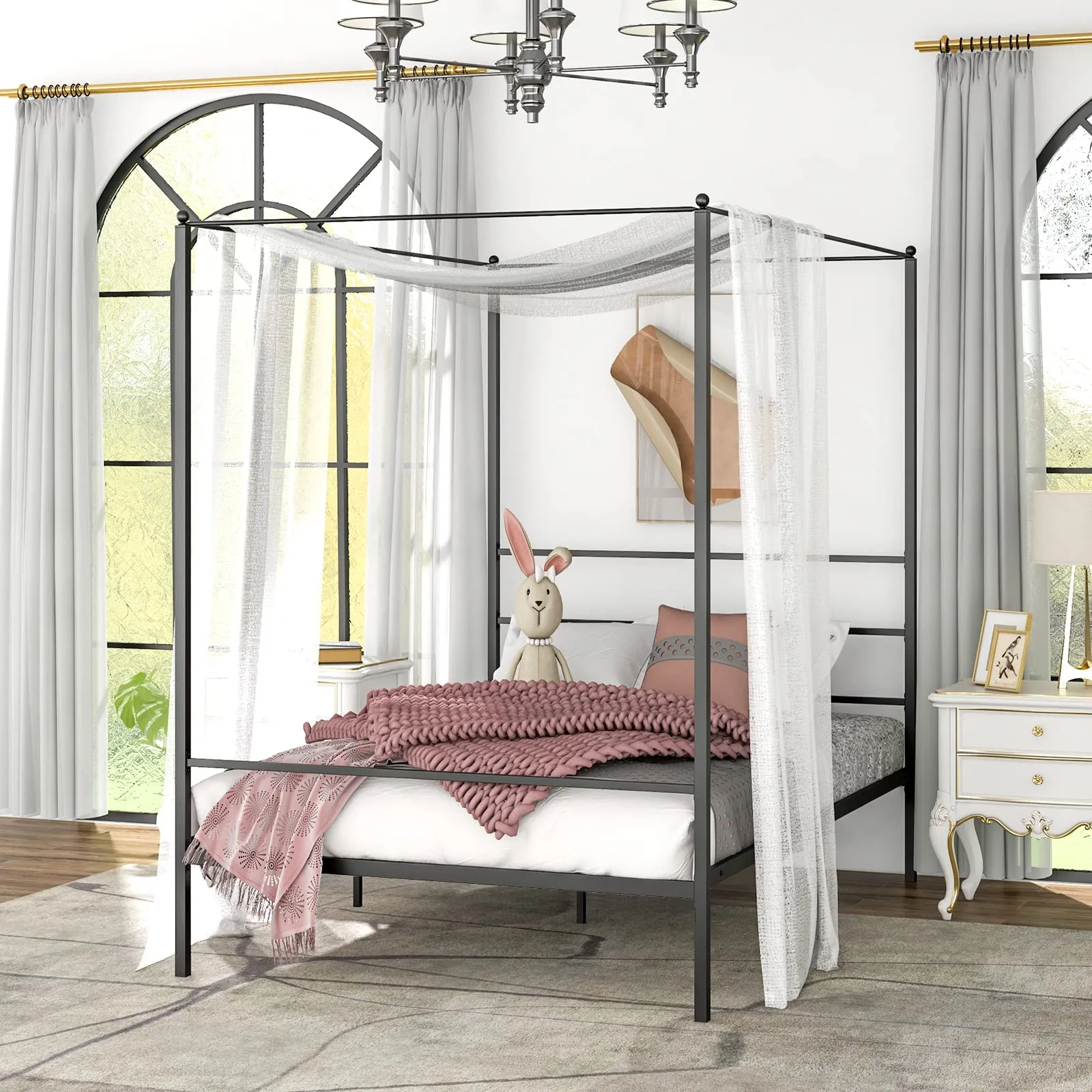 Giantex Full Size Metal Canopy Bed Frame, Modern Platform Bed Frame with 4 Poster & Headboard