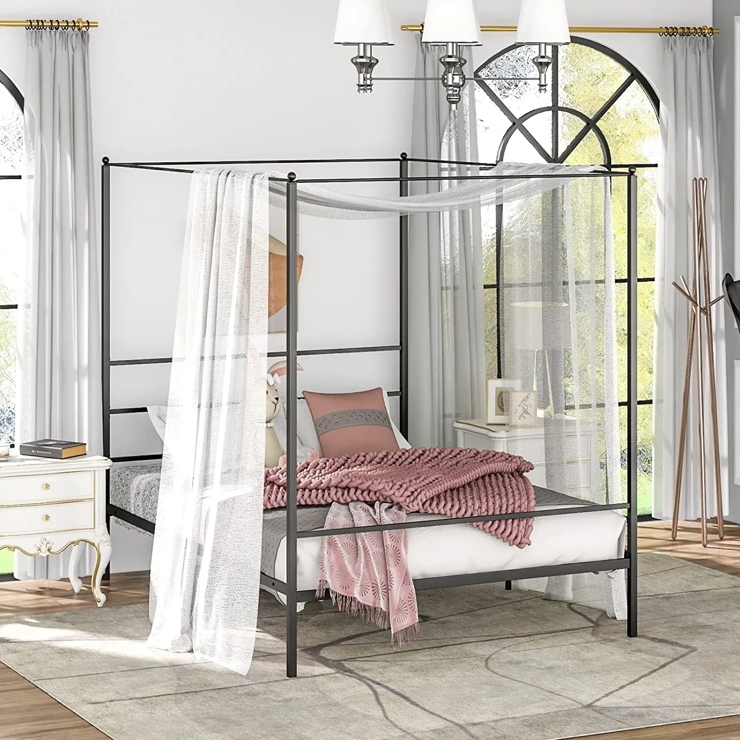 Giantex Full Size Metal Canopy Bed Frame, Modern Platform Bed Frame with 4 Poster & Headboard