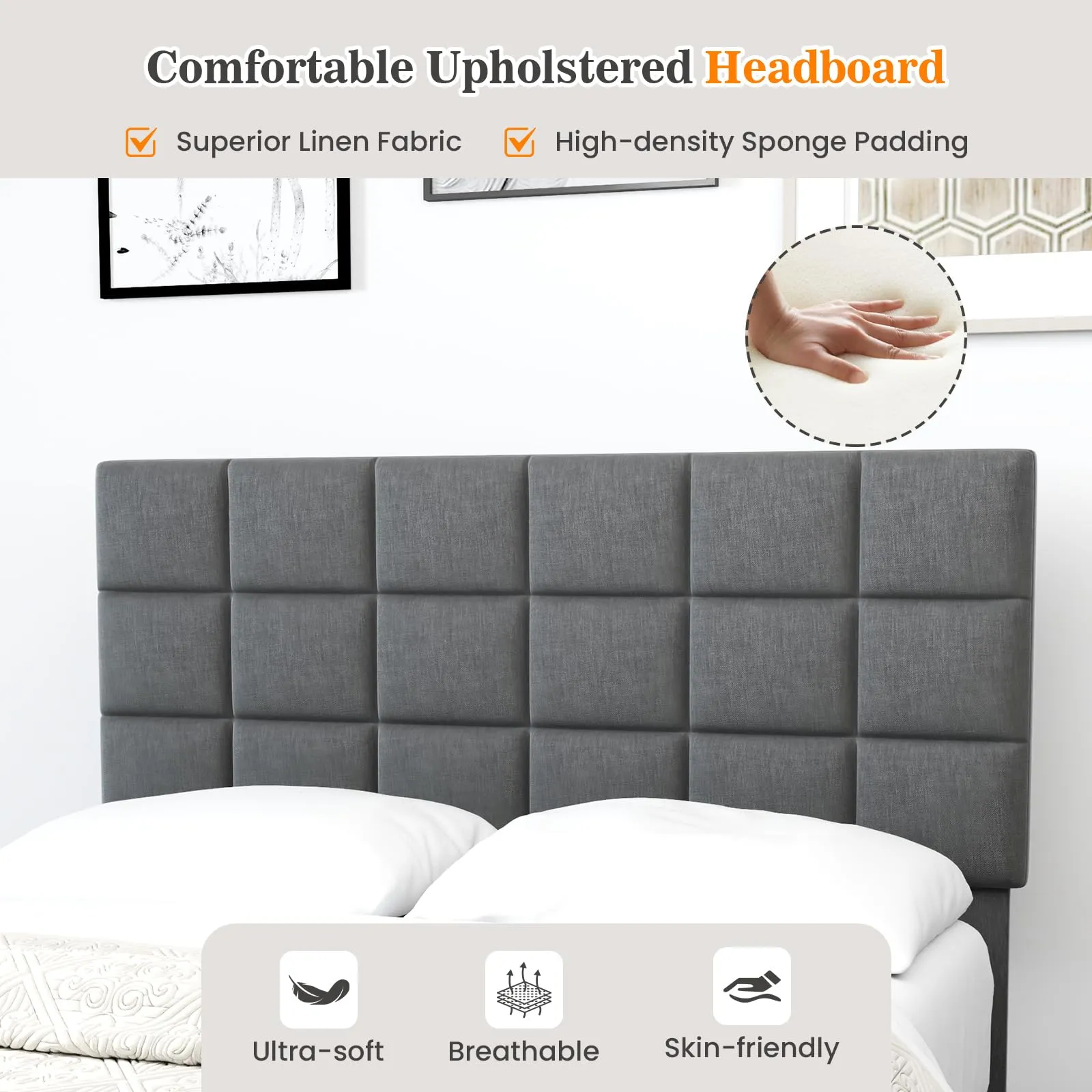 Giantex Full Size Platform Bed, Linen Fabric Upholstered Bed Frame with Adjustable Headboard & Wooden Slat Support