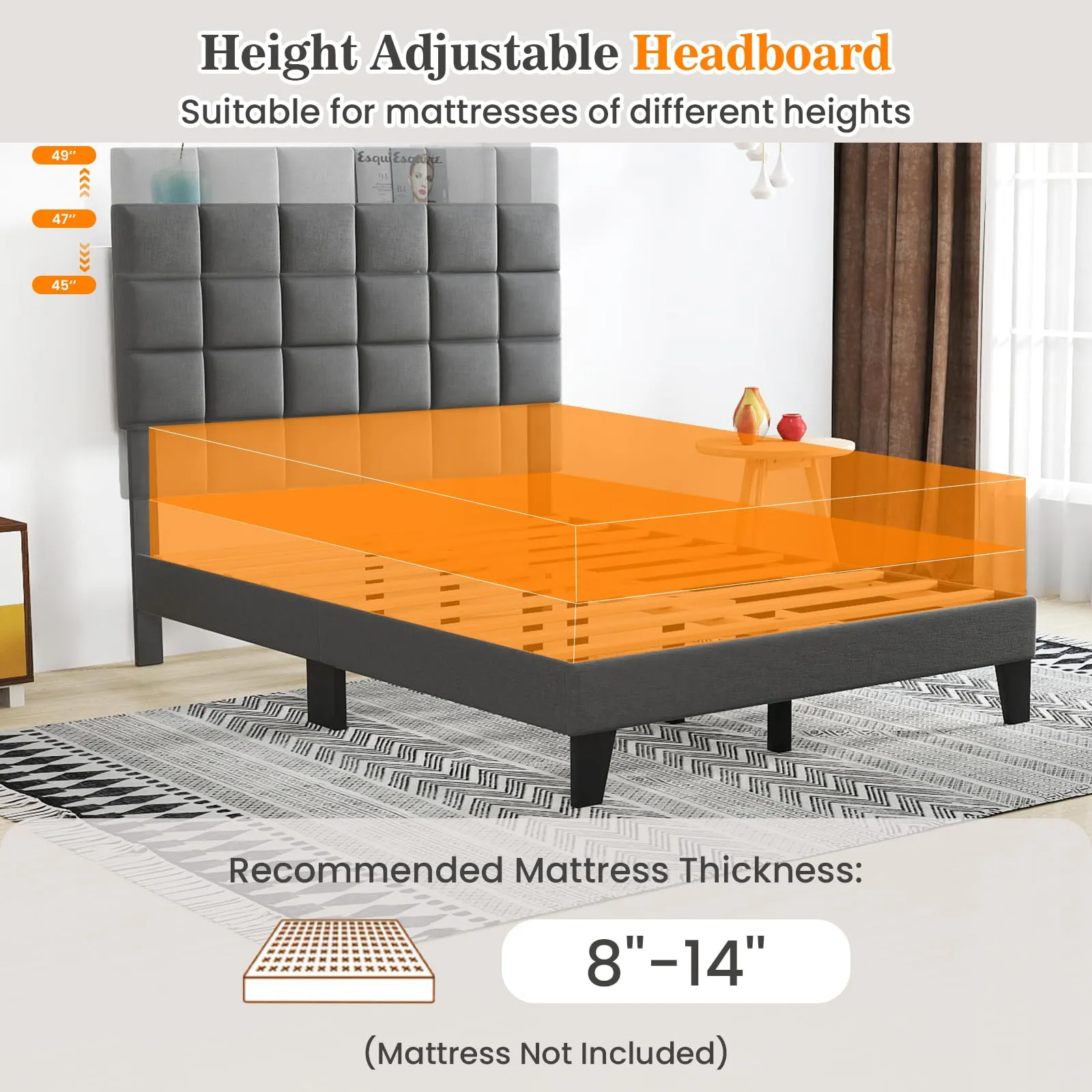 Giantex Full Size Platform Bed, Linen Fabric Upholstered Bed Frame with Adjustable Headboard & Wooden Slat Support