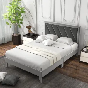 Giantex Full Size Velvet Bed Frame with Headboard, Modern Upholstered Platform Bed, No Box Spring Needed, Black & Gray bed frame, queen bed