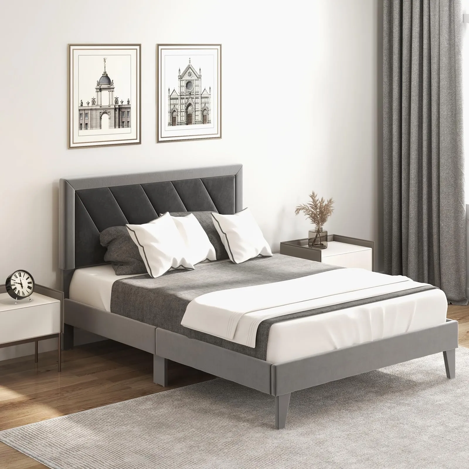 Giantex Full Size Velvet Bed Frame with Headboard, Modern Upholstered Platform Bed, No Box Spring Needed, Black & Gray